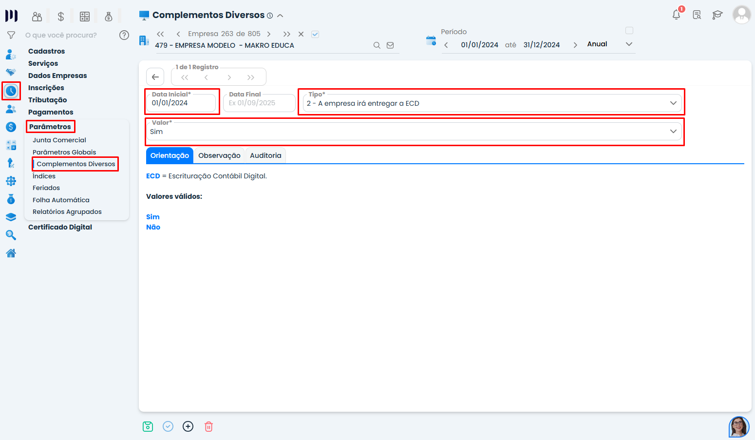 Configuração da ECD Simples Nacional no Sistema Contábil Makro em Complementos Diversos com campos de obrigação preenchidos.