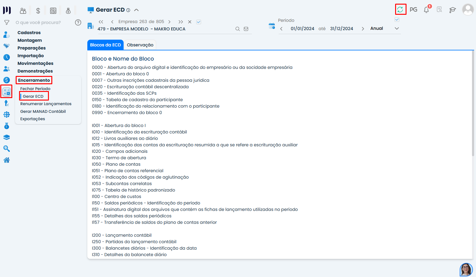 Tela de geração da ECD Simples Nacional no Sistema Contábil Makro com acesso ao menu Encerramento e opção Gerar ECD destacada.
