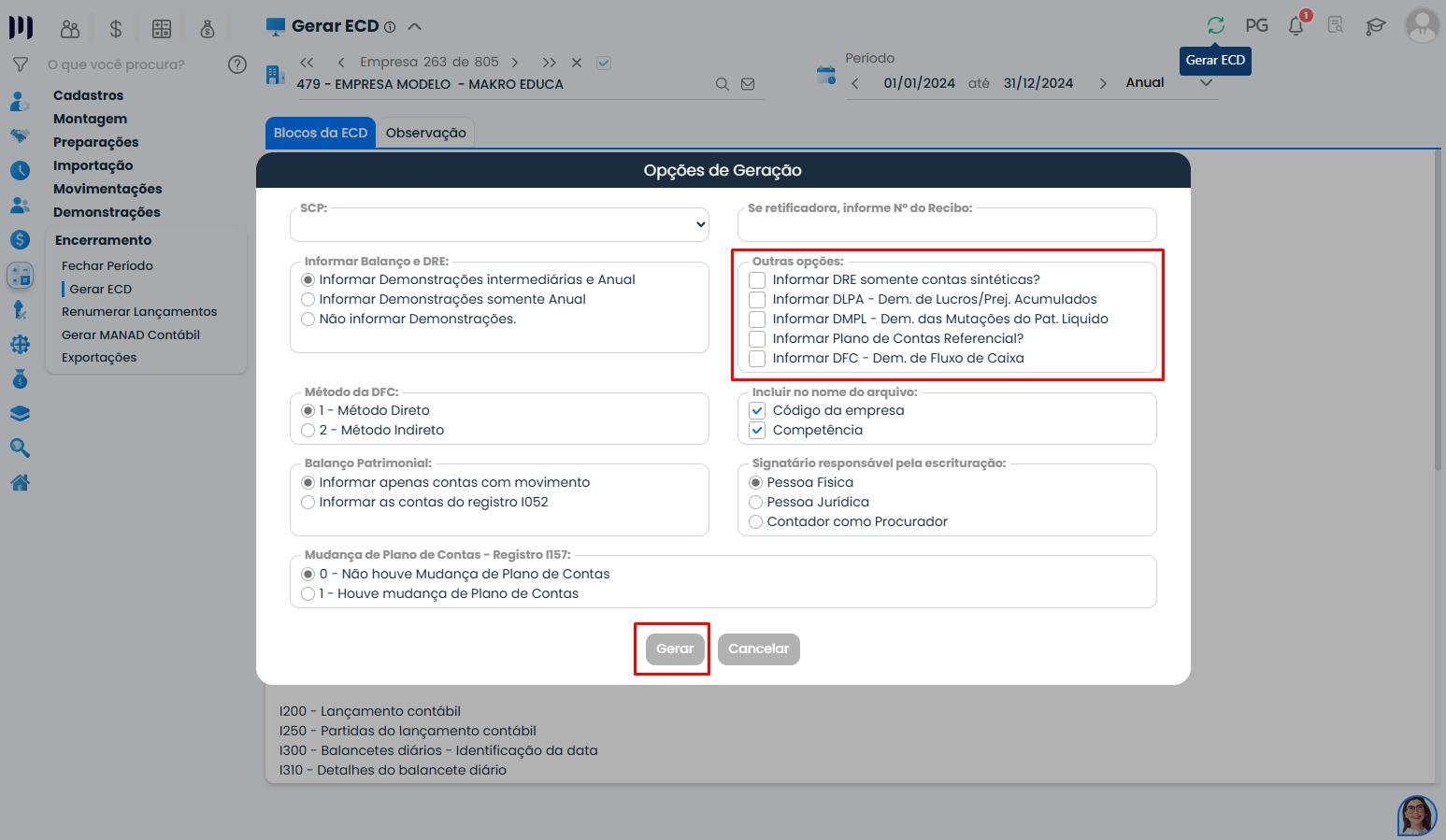 Opções de geração da ECD Simples Nacional no Sistema Contábil Makro com filtros do plano referencial desmarcados corretamente.
