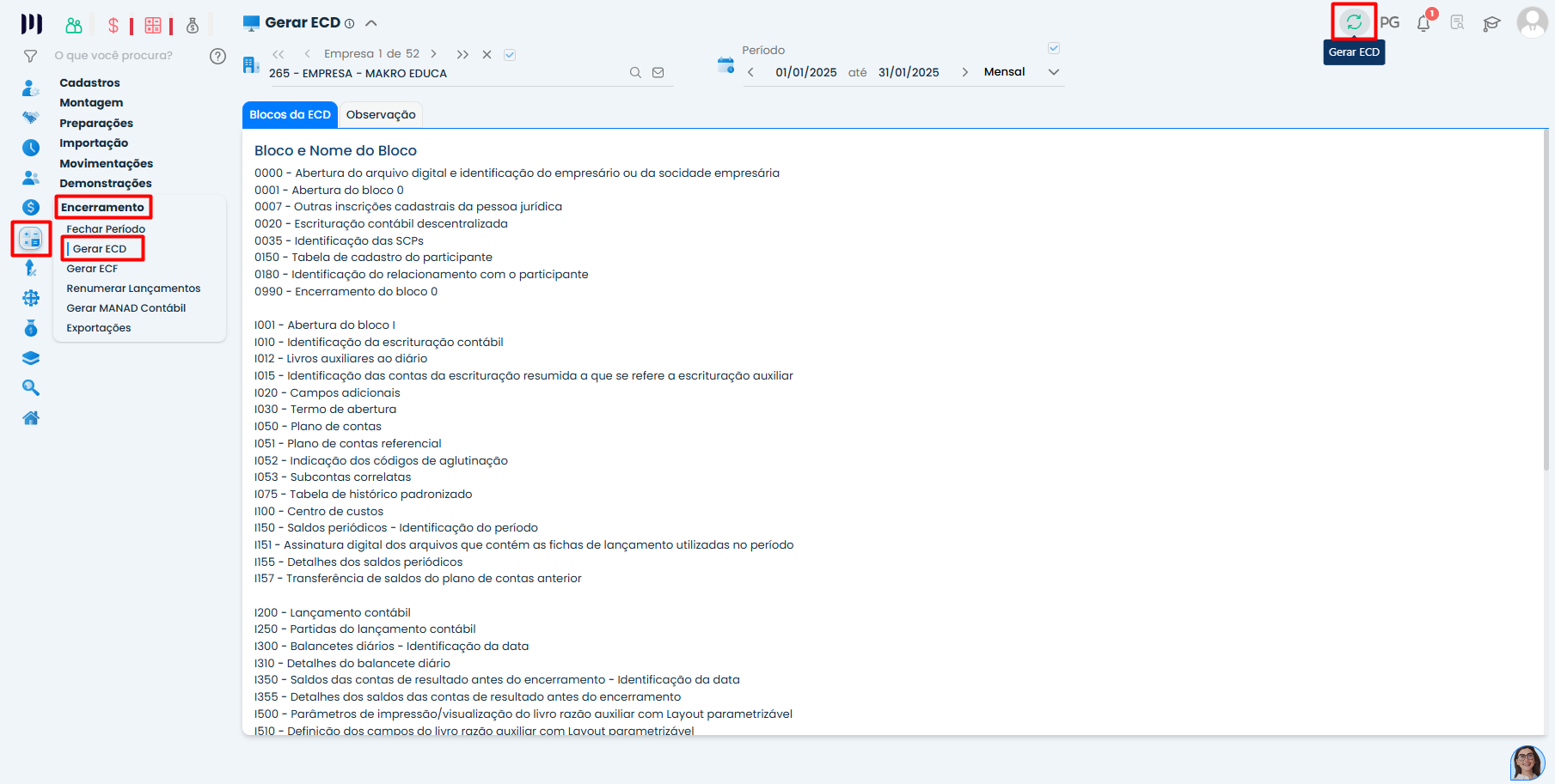 Tela do Sistema Contábil Makro exibindo menu Encerramento e opção Gerar ECD para envio de ECD e ECF contábil fiscal.