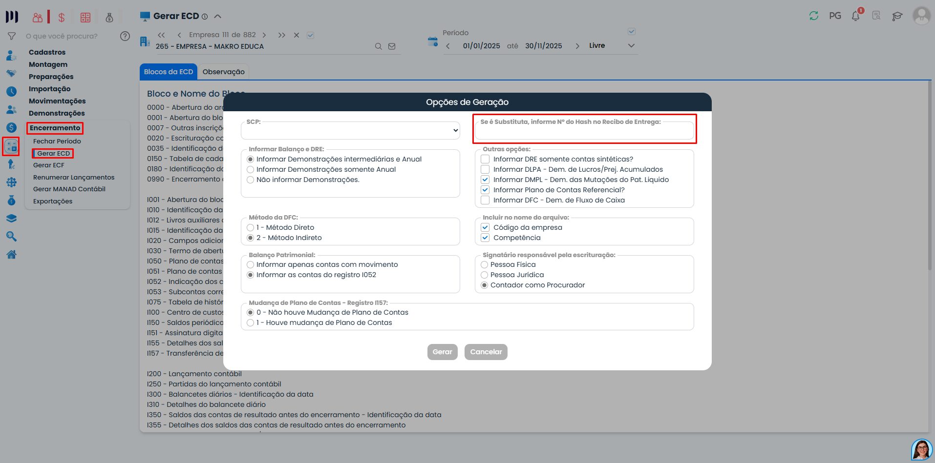 Janela de geração no Sistema Contábil Makro com campo HASH destacado para retificação de ECD e ECF substituta contábil.