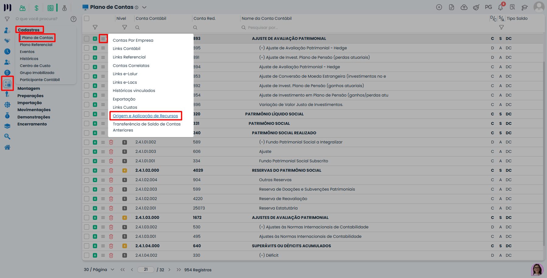 Tela do Sistema Contábil Makro exibindo cadastro de origem e aplicação de recursos para gerar ECF com configuração do registro X390.