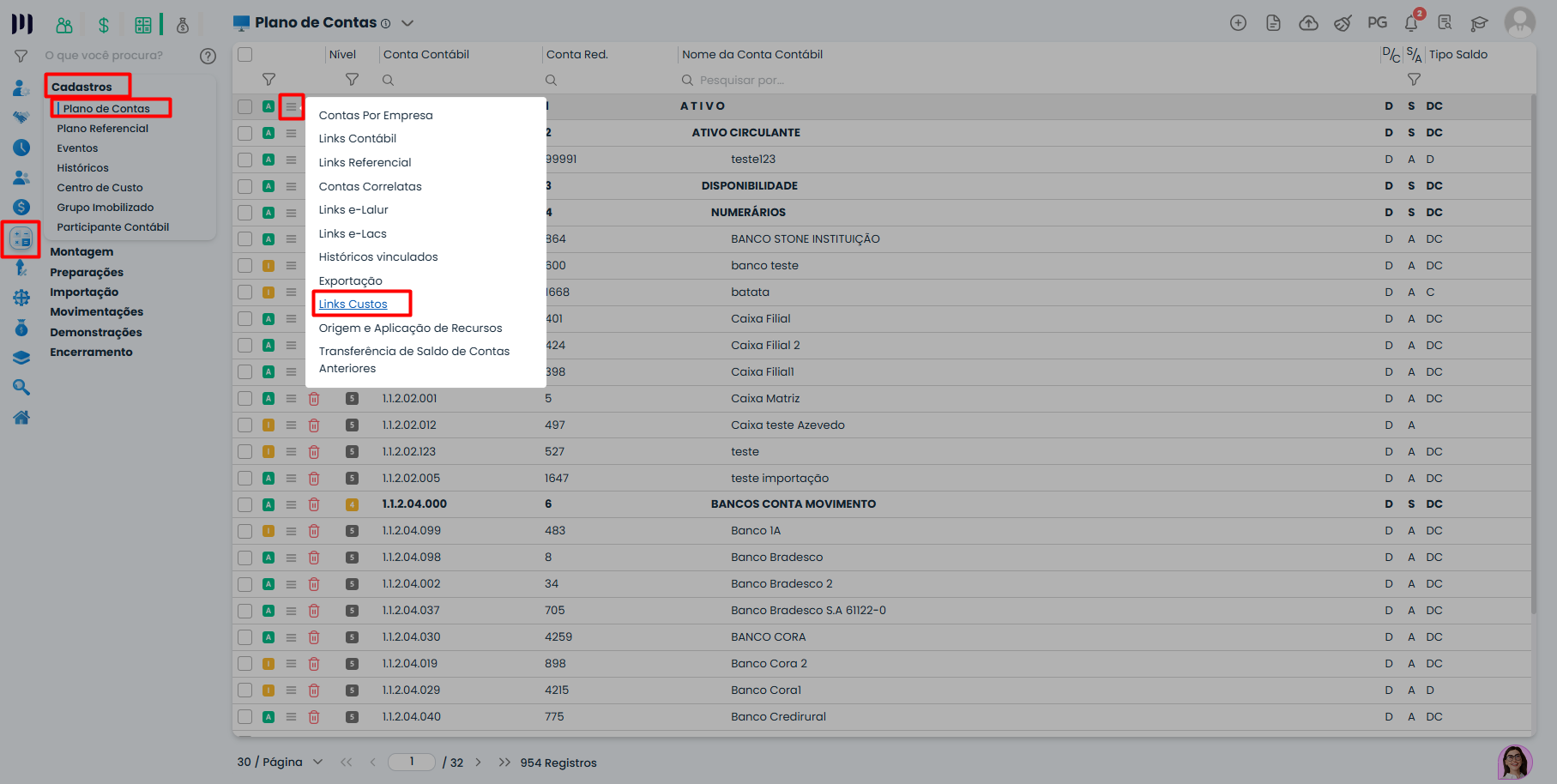 Tela do Sistema Contábil Makro mostrando menu Links Custos para gerar ECF com parametrização do registro L210 e composição de custos.