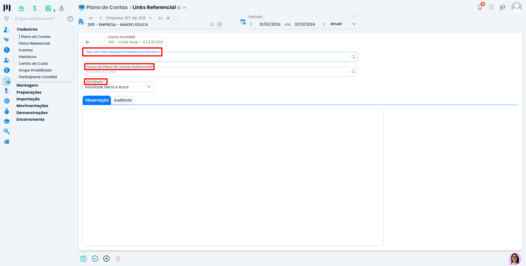 Tela do Sistema Contábil Makro exibindo cadastro de Links Referenciais para gerar ECF com configuração tributária das contas.