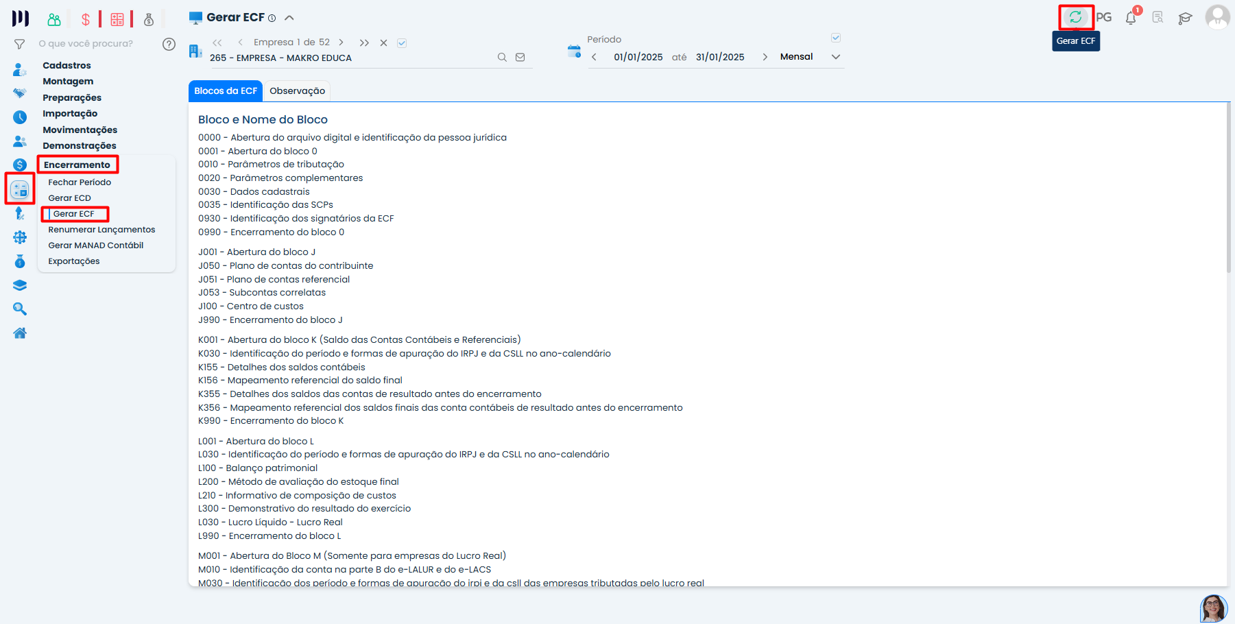 Tela do Sistema Contábil Makro exibindo o menu Encerramento para gerar ECF Retificadora com destaque na opção Gerar ECF.