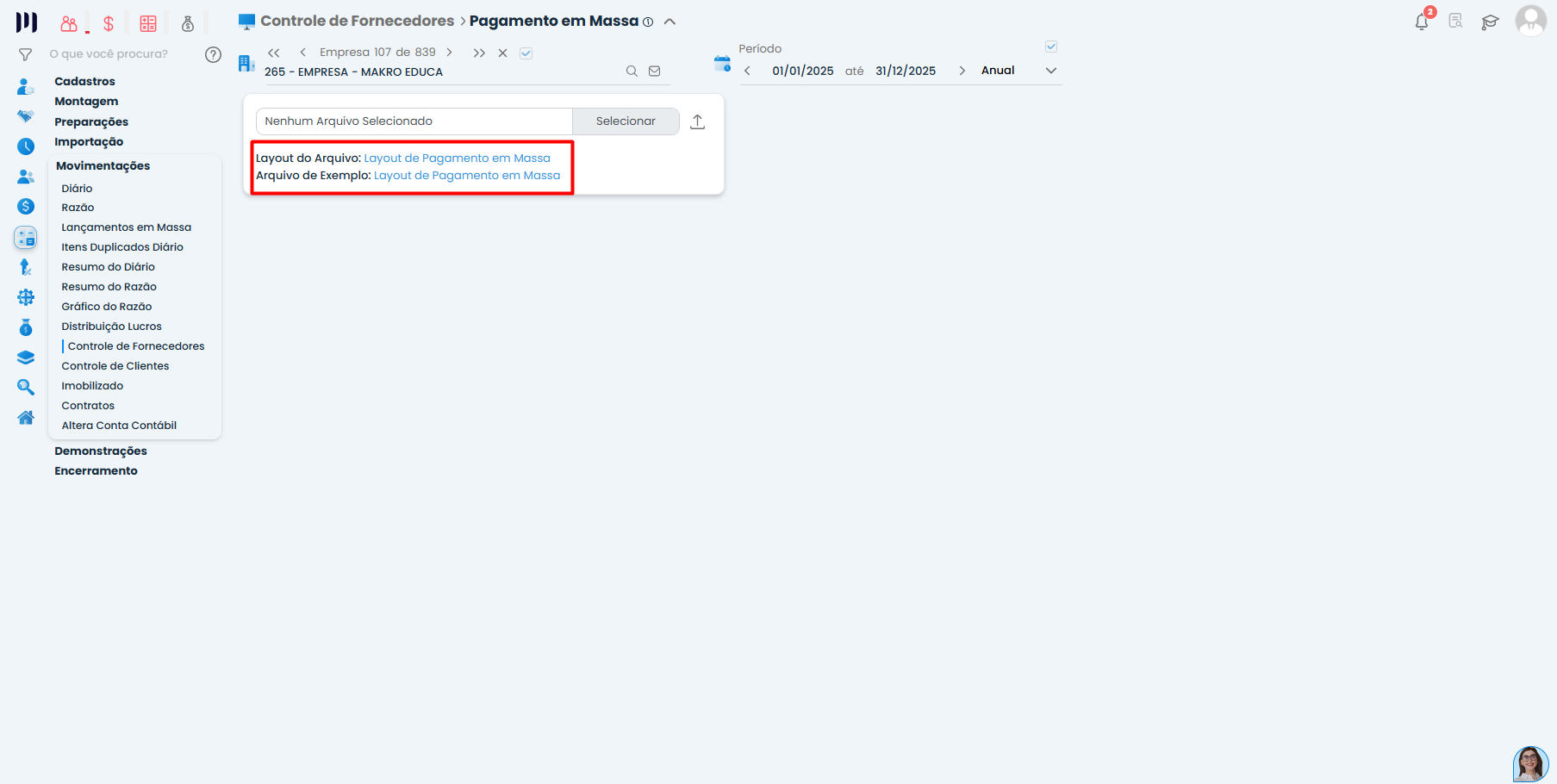 Tela do Sistema Contábil Makro mostrando importação TXT no Pagamento do Controle de Fornecedores com layouts disponíveis.