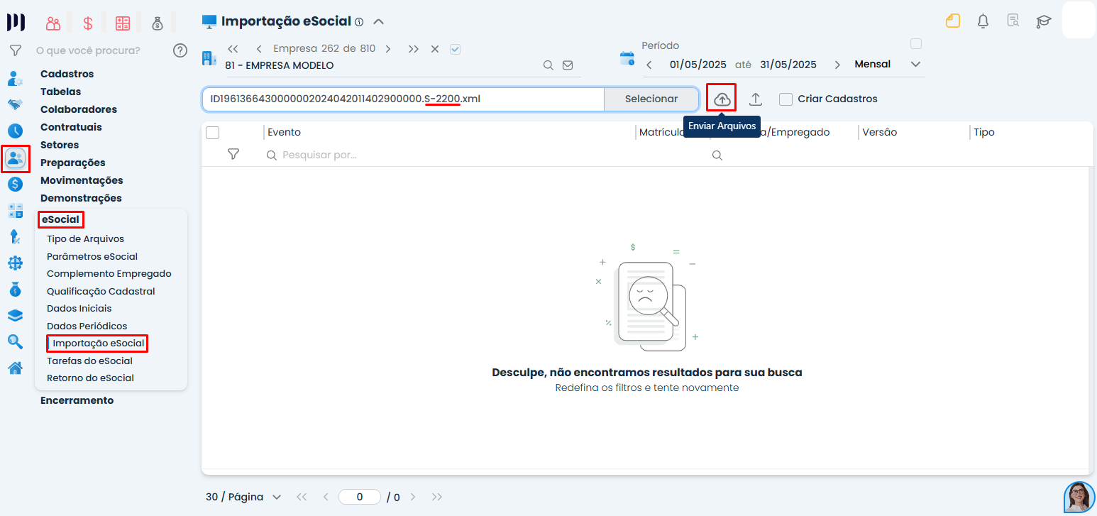 Sistema Contábil Makro exibindo envio de arquivos XML dos Dados do eSocial para processamento da importação automática.