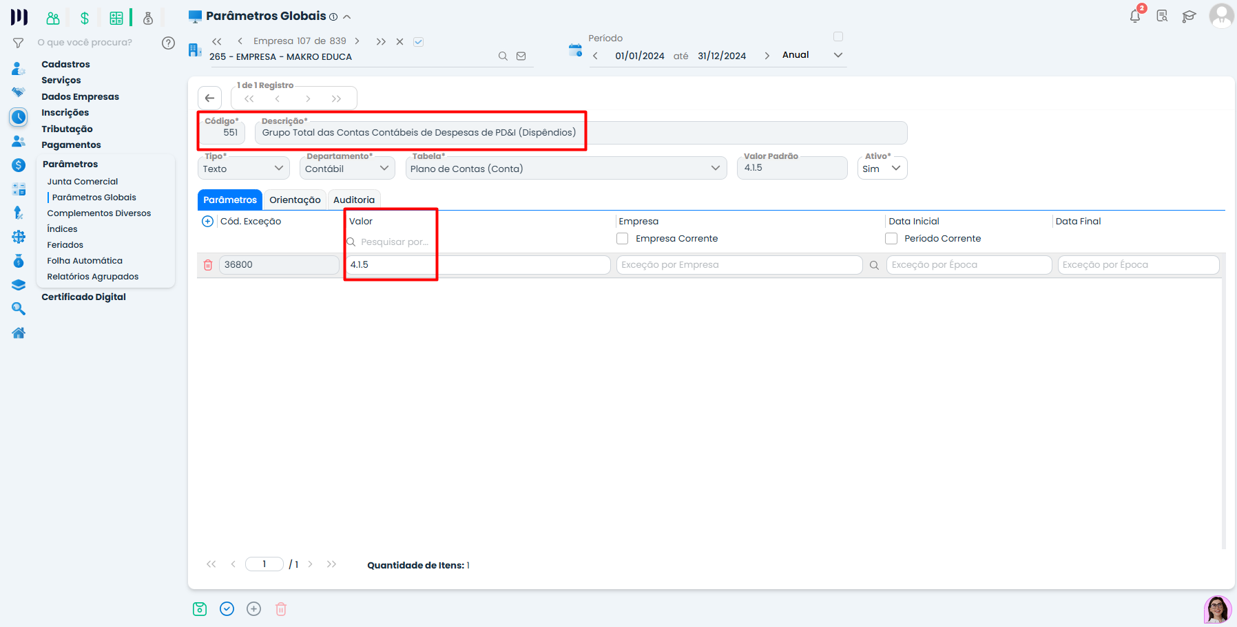 Configuração do grupo de contas PD&I no Sistema Contábil Makro para controle de despesas vinculadas ao incentivo fiscal.