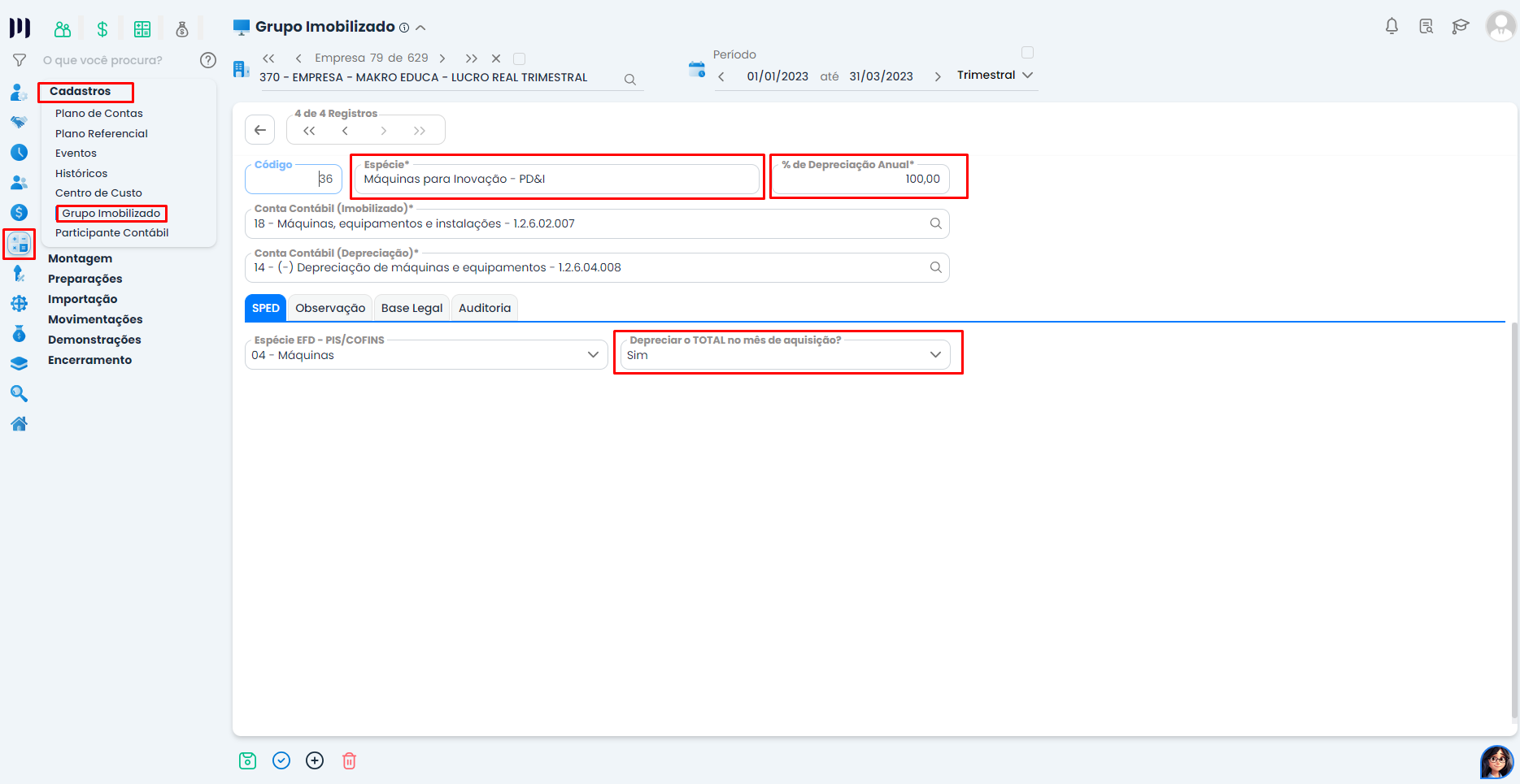 Configuração de grupo imobilizado no Sistema Contábil Makro para Incentivo Fiscal - Parte 2 com depreciação integral de PD&I.