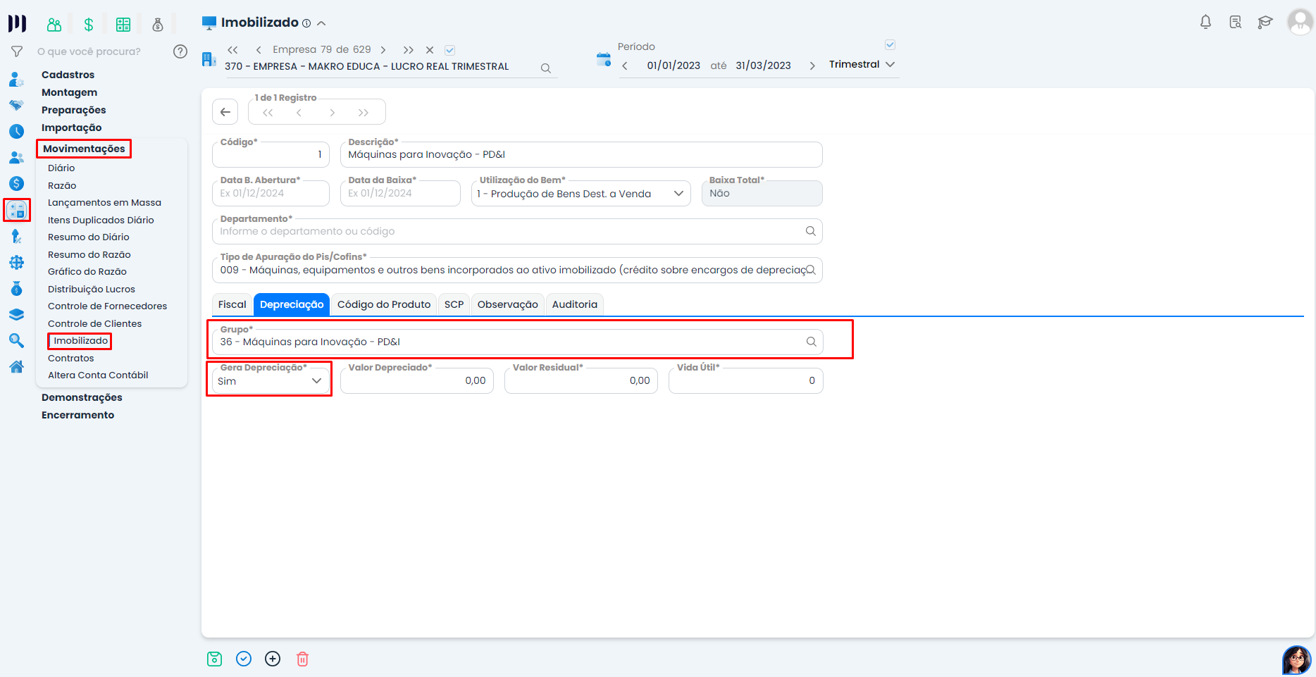 Configuração de depreciação no Sistema Contábil Makro para Incentivo Fiscal - Parte 2 com grupo de inovação PD&I.