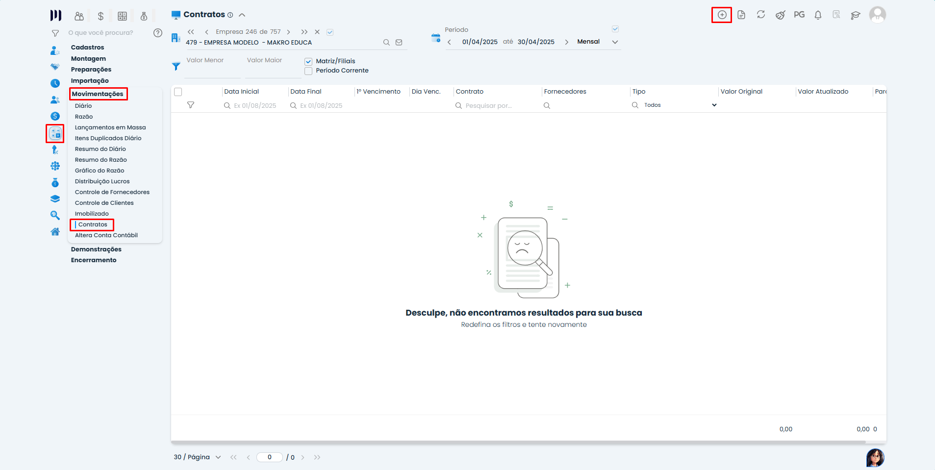 Tela de inclusão de contratos no Sistema Contábil Makro com acesso ao menu de movimentações para cadastro de Inclusão de Contratos.