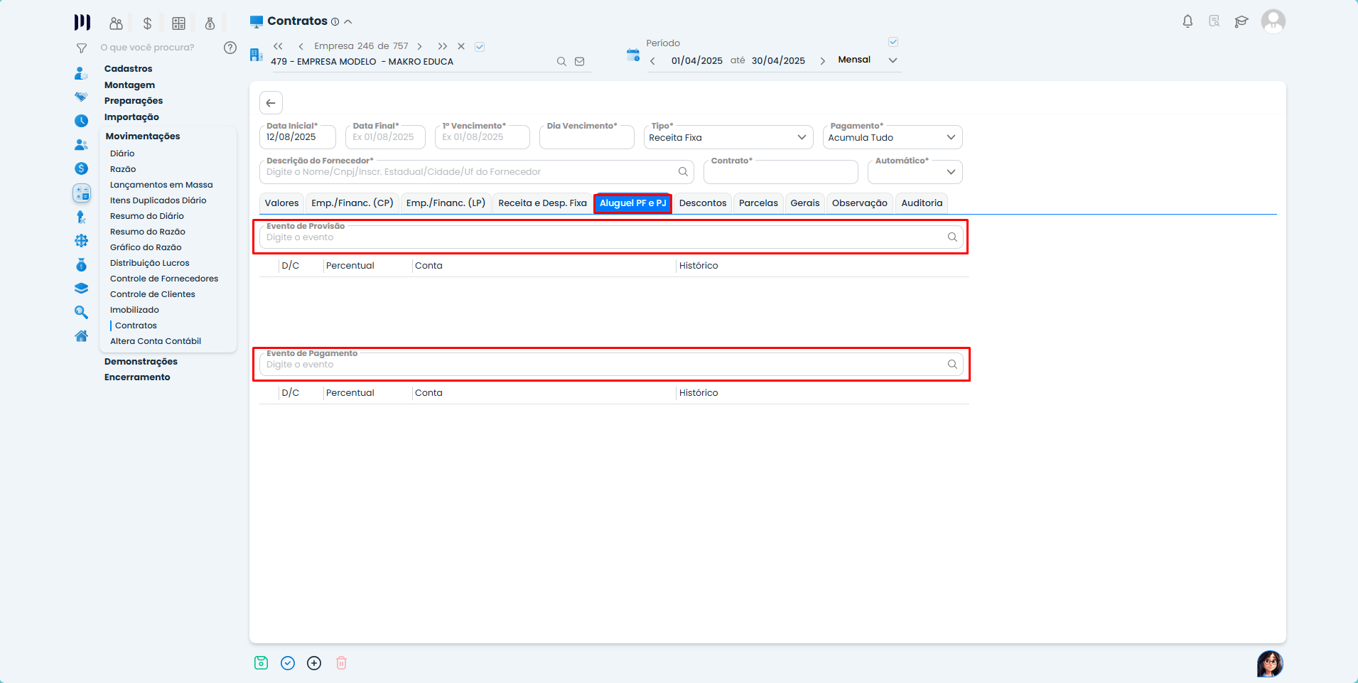 Configuração de eventos na Inclusão de Contratos no Sistema Contábil Makro para provisão e pagamento de aluguel destacados.