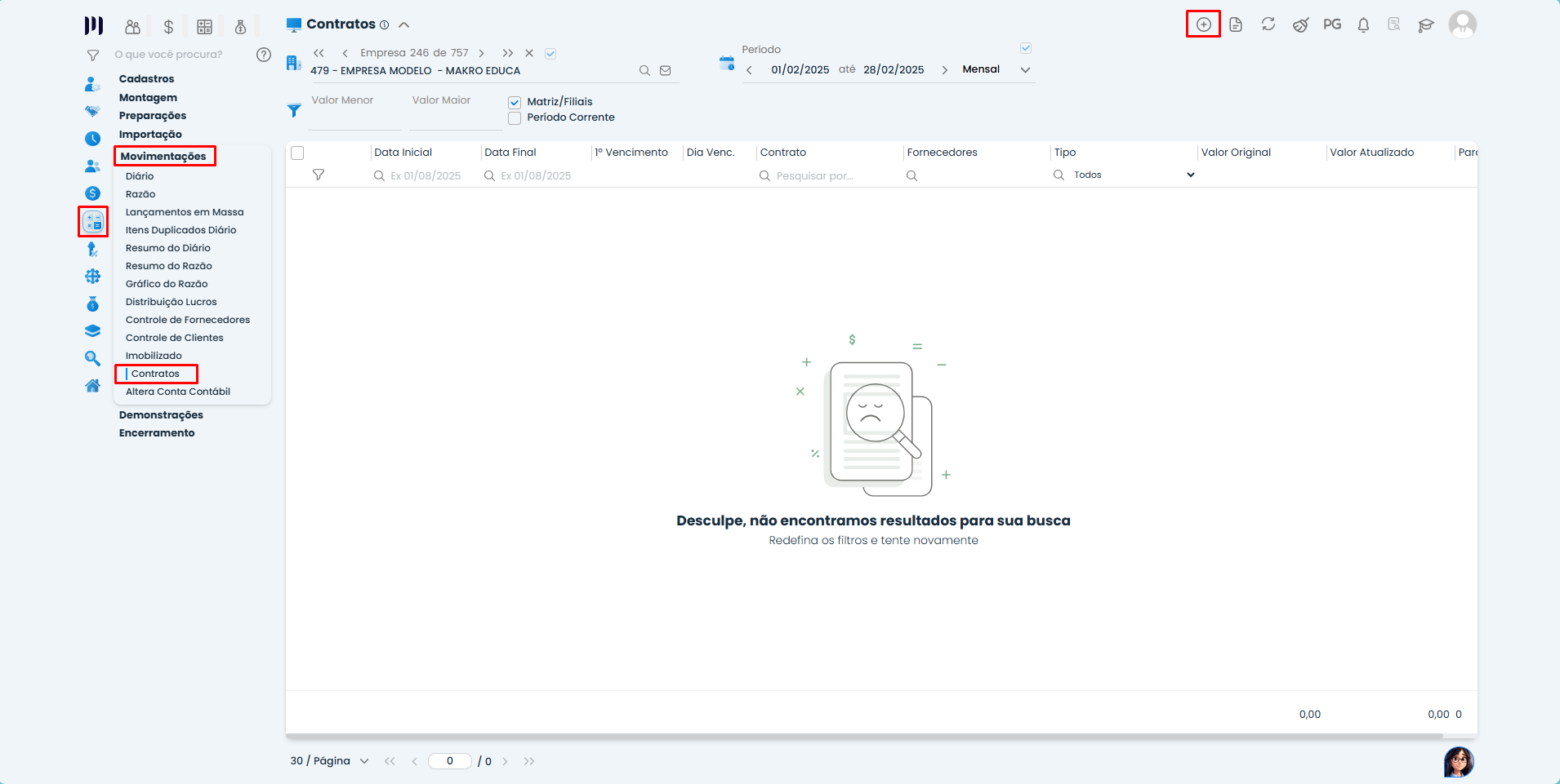 Tela do Sistema Contábil Makro exibindo o acesso de Inclusões de Empréstimos no Modulo de Contratos pelo menu de movimentações.