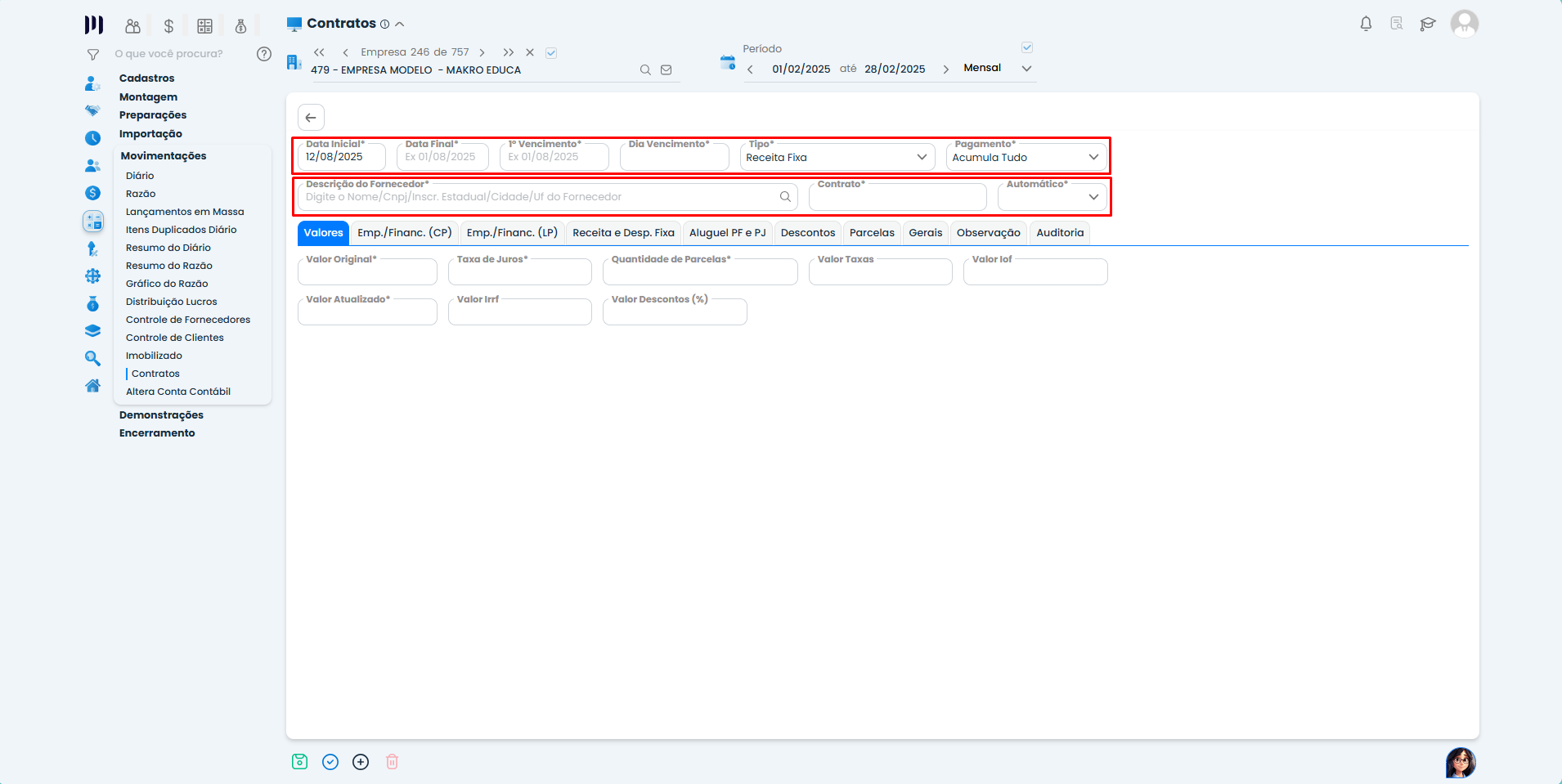 Formulário do Sistema Contábil Makro para Inclusões de Empréstimos no Modulo de Contratos com dados iniciais destacados.