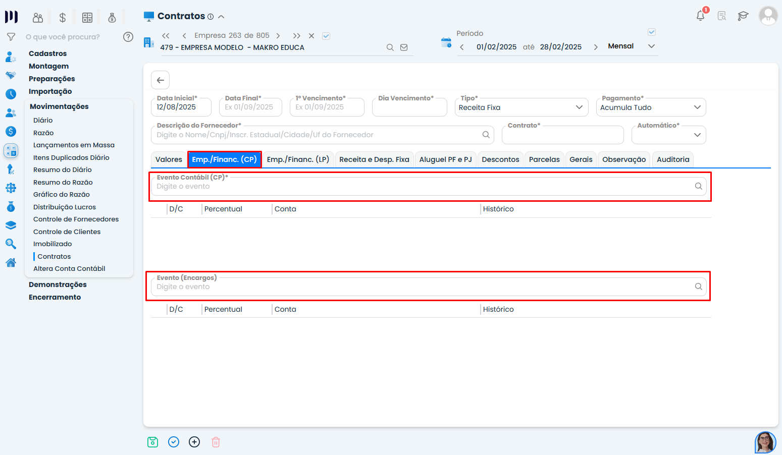 Aba Emp.Financ. CP do Sistema Contábil Makro em Inclusões de Empréstimos no Modulo de Contratos com eventos contábeis.