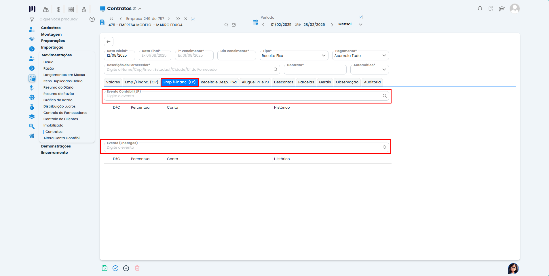Aba Emp.Financ. LP do Sistema Contábil Makro para Inclusões de Empréstimos no Modulo de Contratos com provisões financeiras.