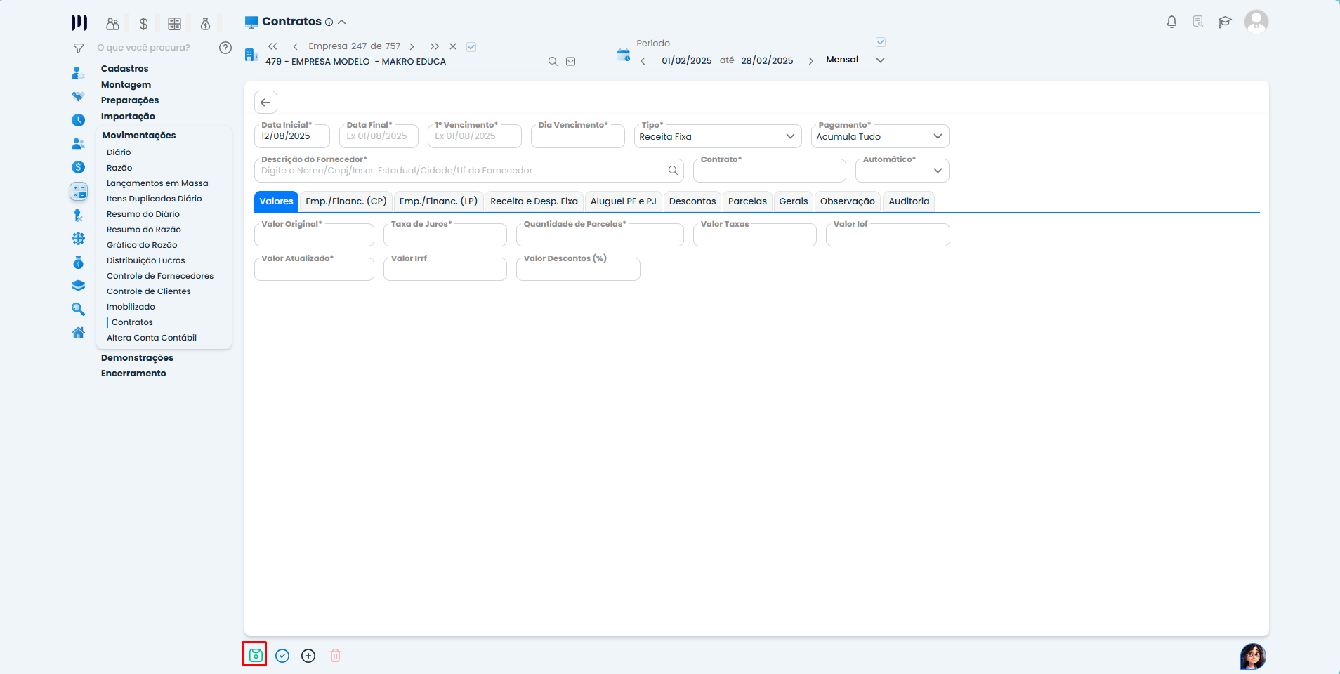 Sistema Contábil Makro salvando Inclusões de Empréstimos no Modulo de Contratos para gerar parcelas automaticamente.