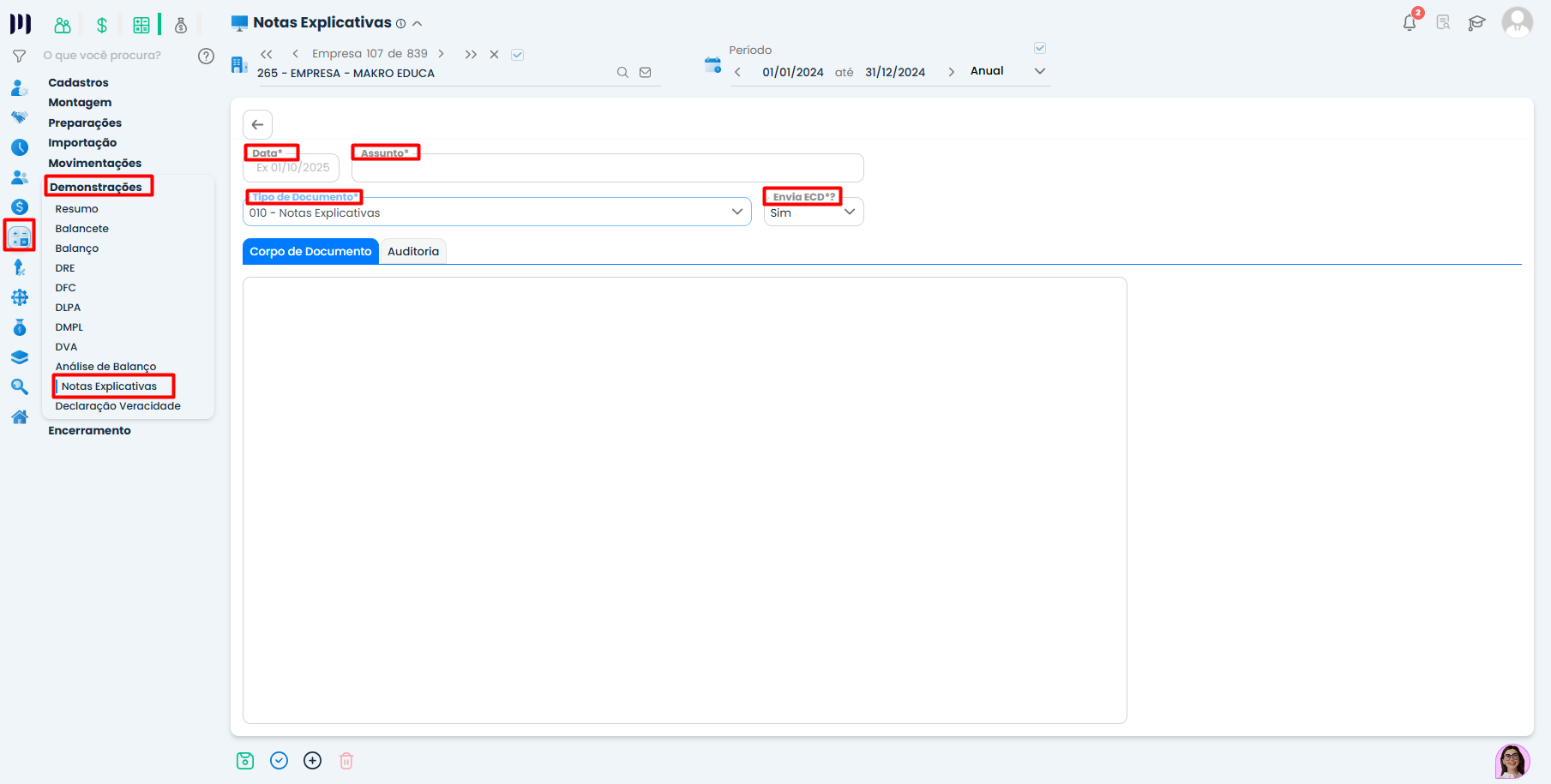 Tela do Sistema Contábil Makro para Inclusão Notas explicativas com campos de data, assunto, envio ECD e corpo do documento.
