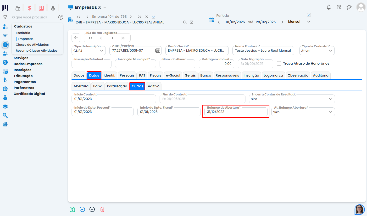 Configuração da data do balanço de abertura no Sistema Contábil Makro para implantação inicial do Departamento Contábil.