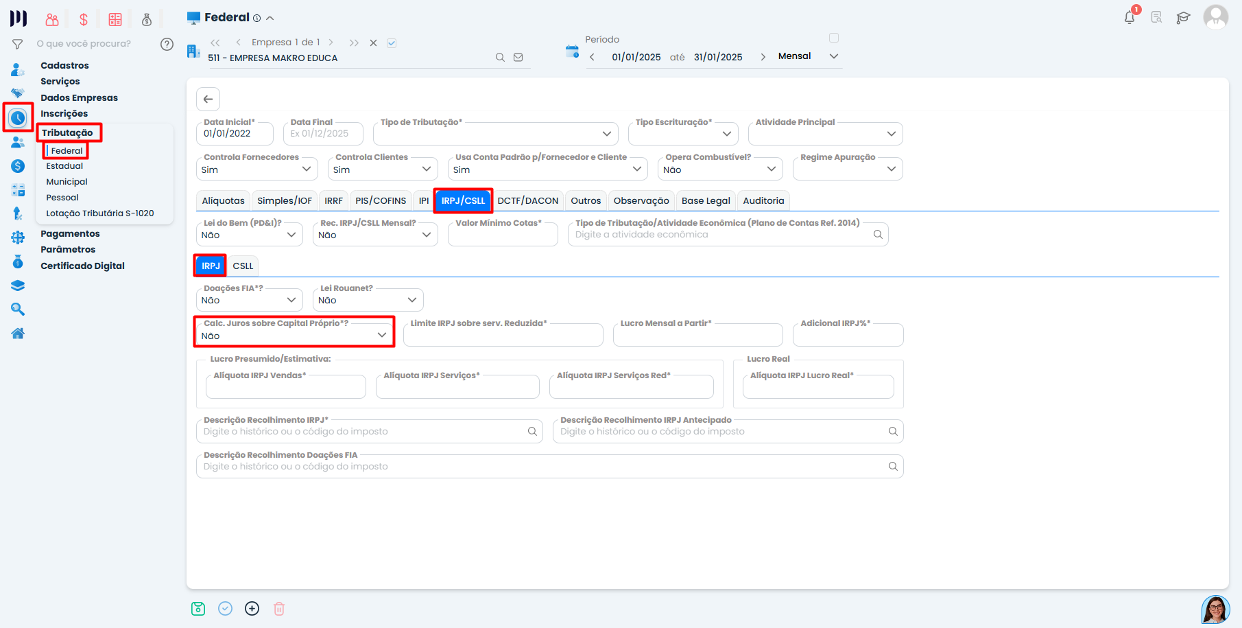 Tela de configuração do Capital Próprio - Parte 1 no Sistema Contábil Makro com ativação do cálculo de juros sobre capital próprio.