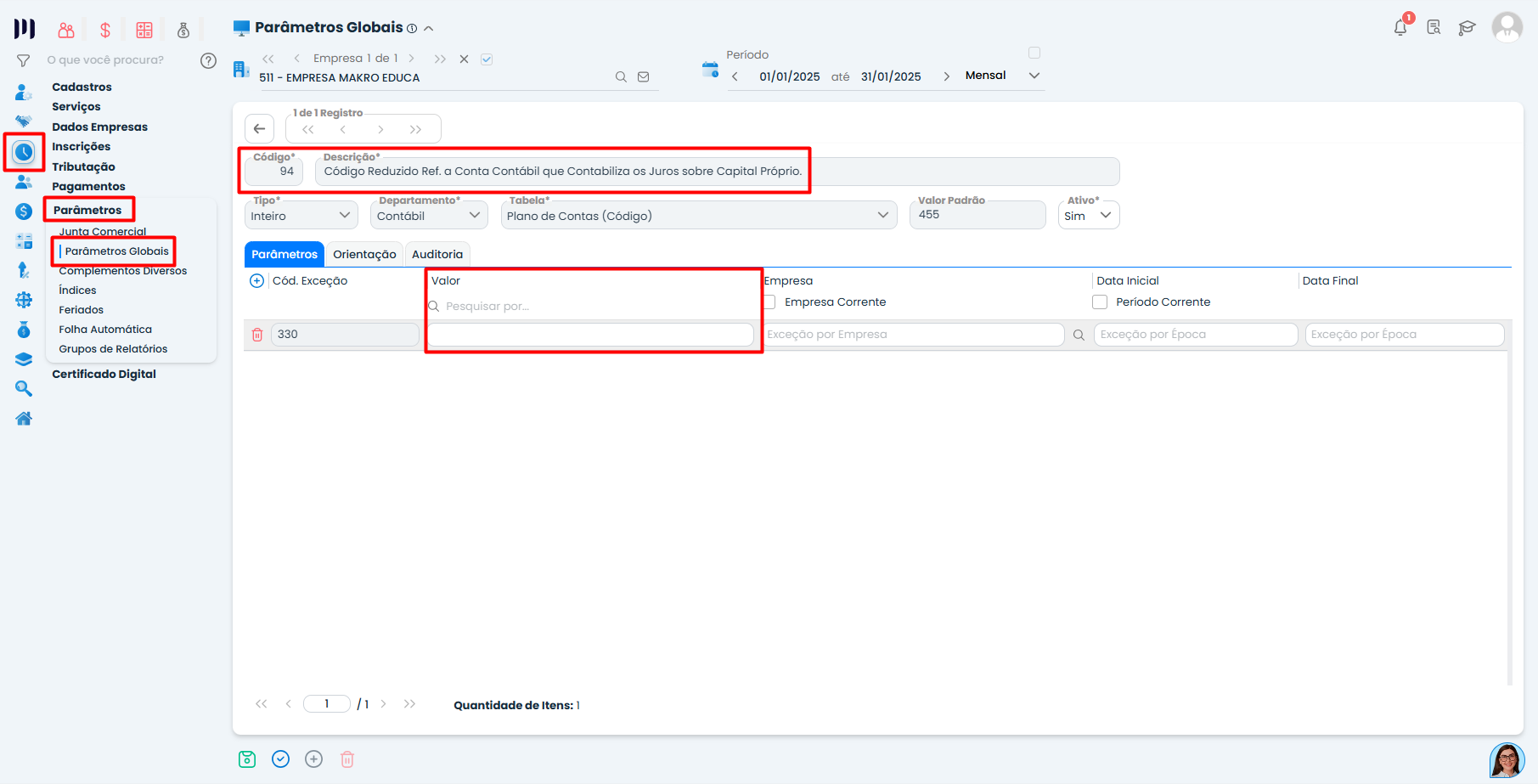 Configuração do parâmetro 94 no Sistema Contábil Makro para definir conta contábil do Capital Próprio - Parte 1.
