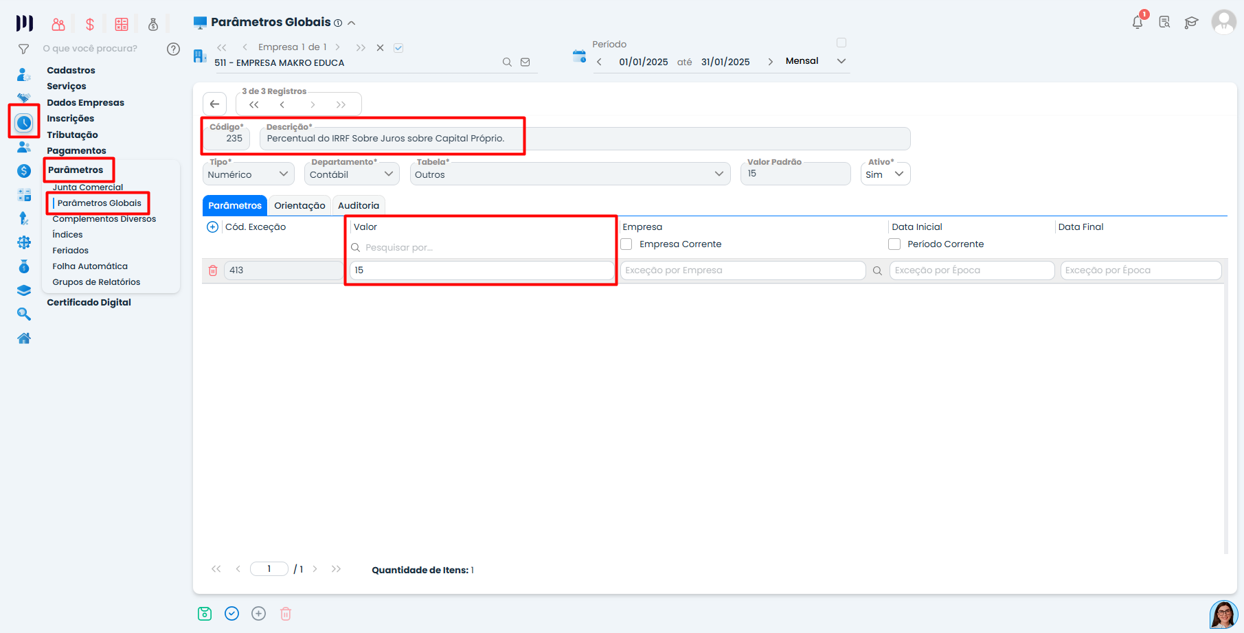 Configuração do percentual de IRRF no Sistema Contábil Makro para cálculo do Capital Próprio - Parte 1.