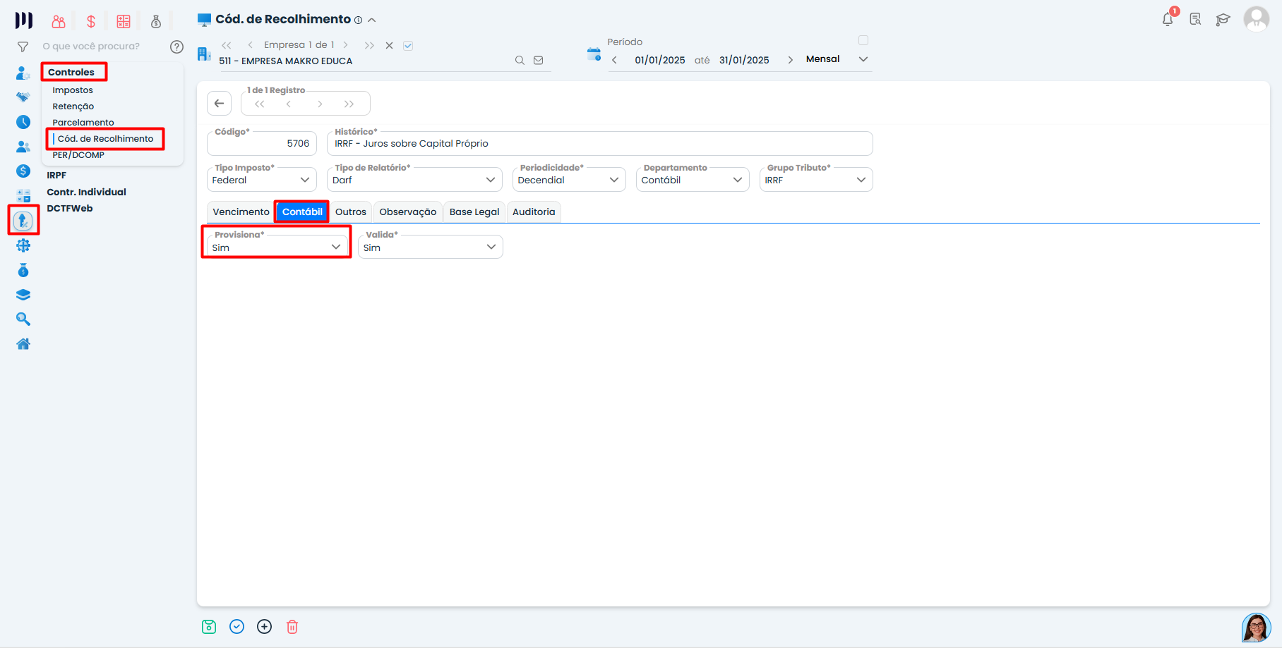 Tela do Sistema Contábil Makro com configuração do provisionamento de Juros sobre Capital Próprio no código de recolhimento IRRF.
