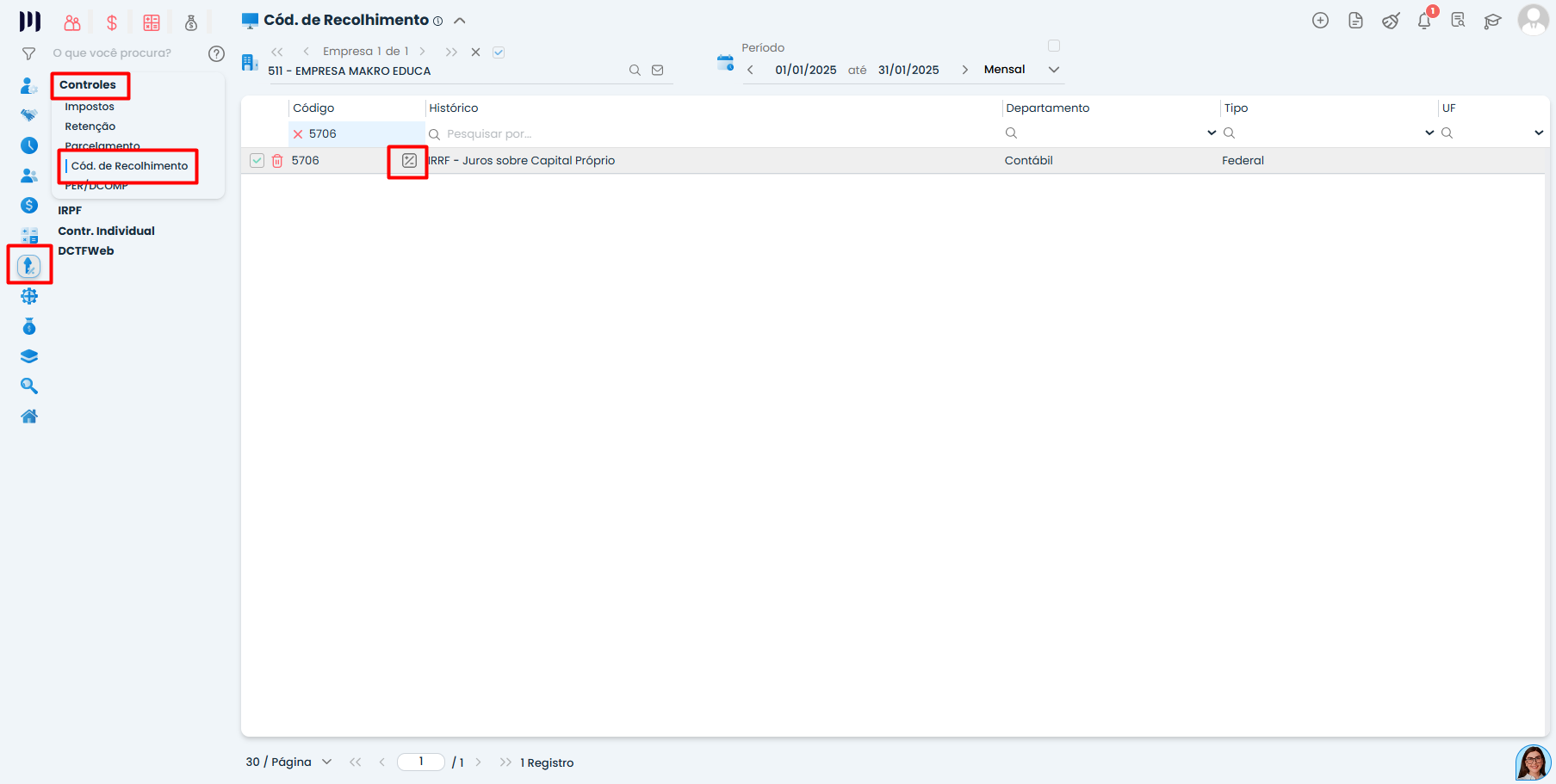 Painel do Sistema Contábil Makro exibindo acesso ao código de recolhimento para configurar Juros sobre Capital Próprio no IRRF.