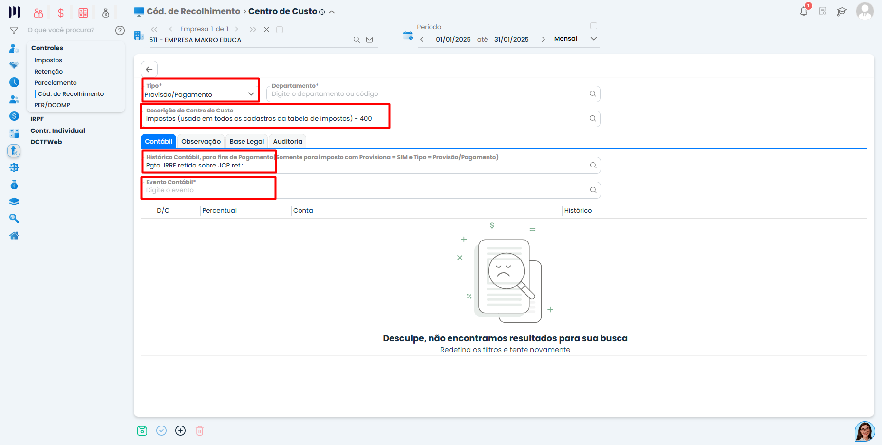 Cadastro de centro de custo no Sistema Contábil Makro para provisão e pagamento do IRRF sobre Juros sobre Capital Próprio.