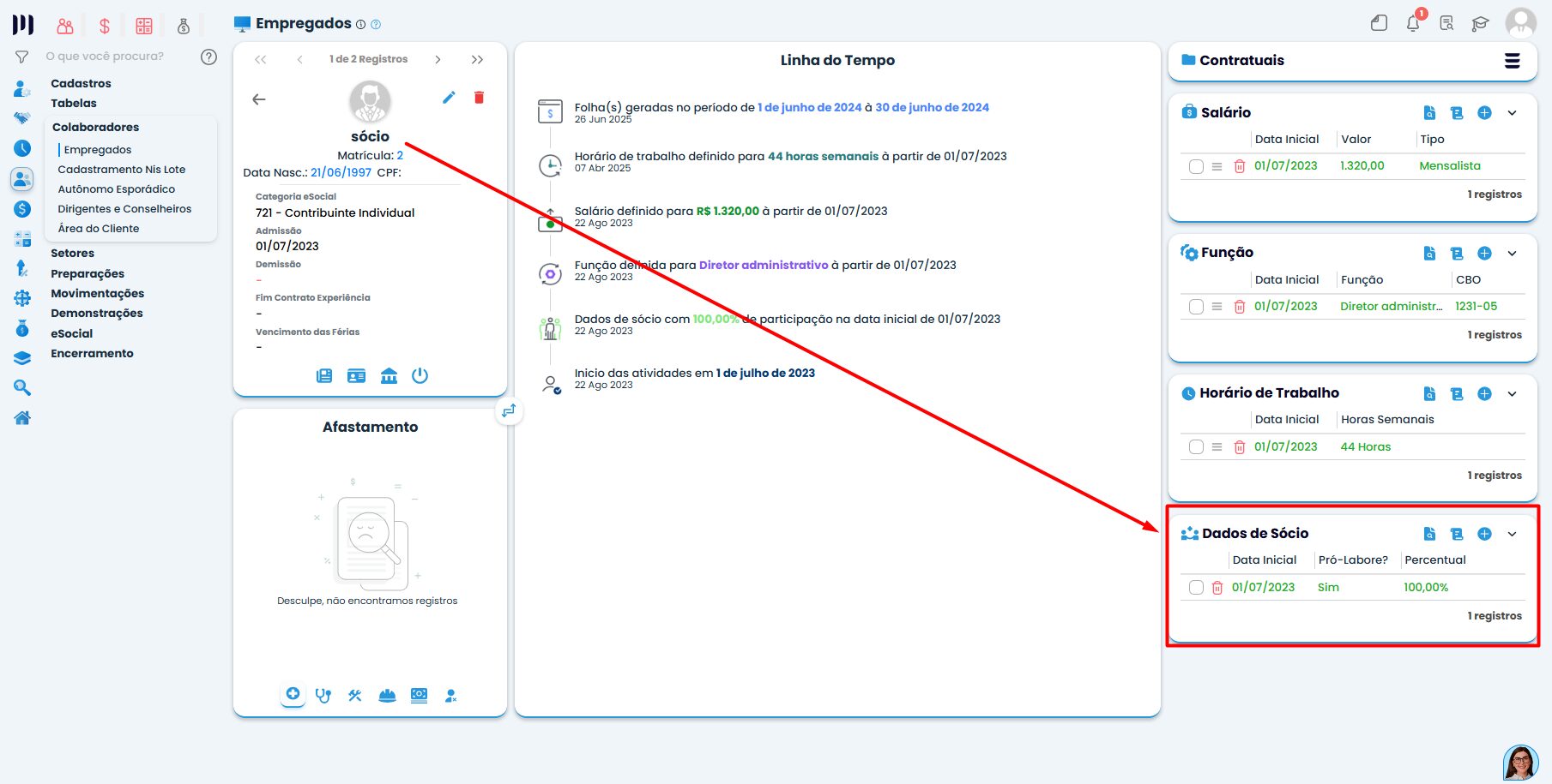 Painel do Sistema Contábil Makro destacando percentual societário em dados de sócio para Juros sobre Capital Próprio.