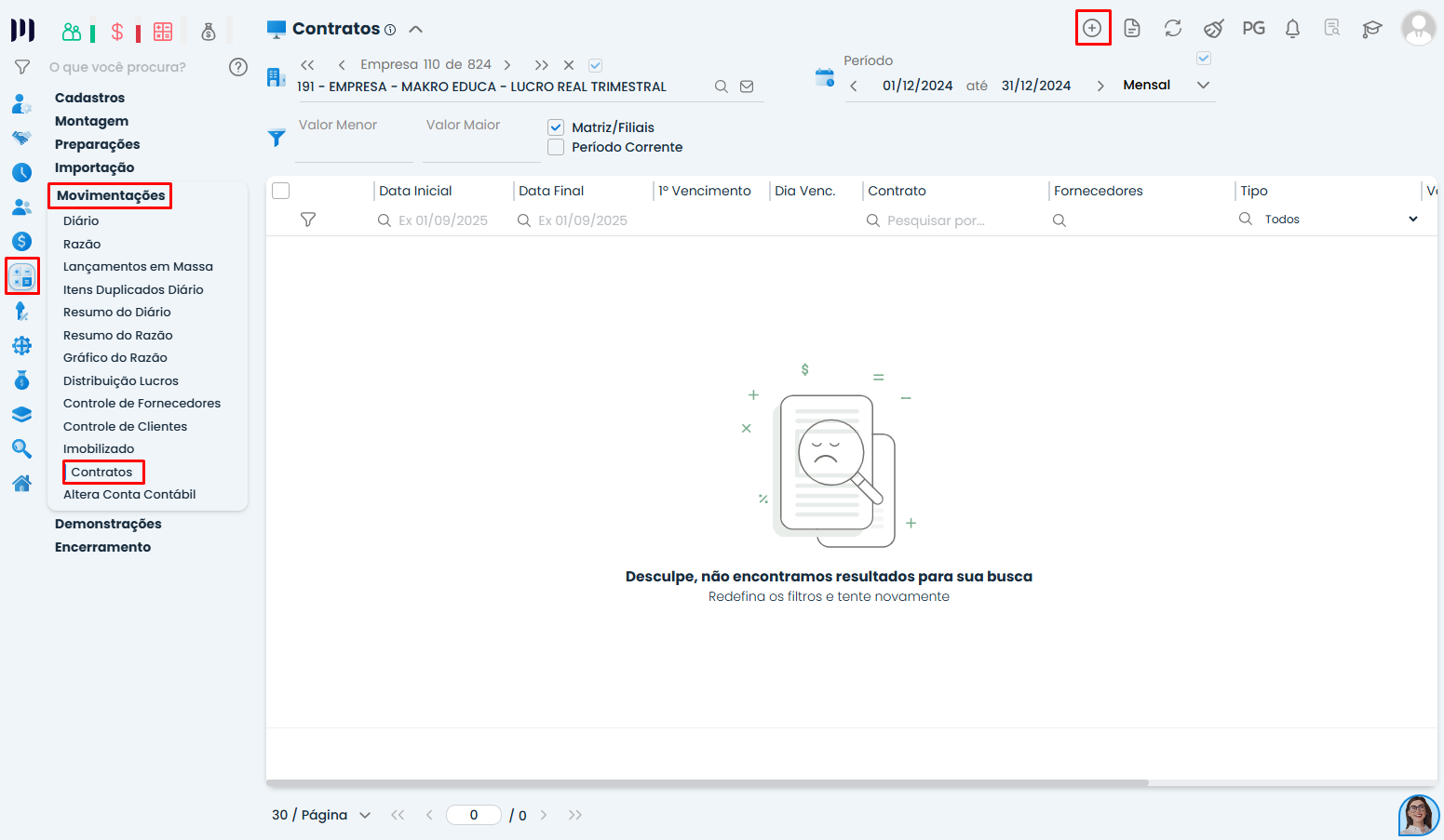 Tela de Lançamento de Contratos no Sistema Contábil Makro exibindo menu de movimentações e inclusão de novo contrato fixo.
