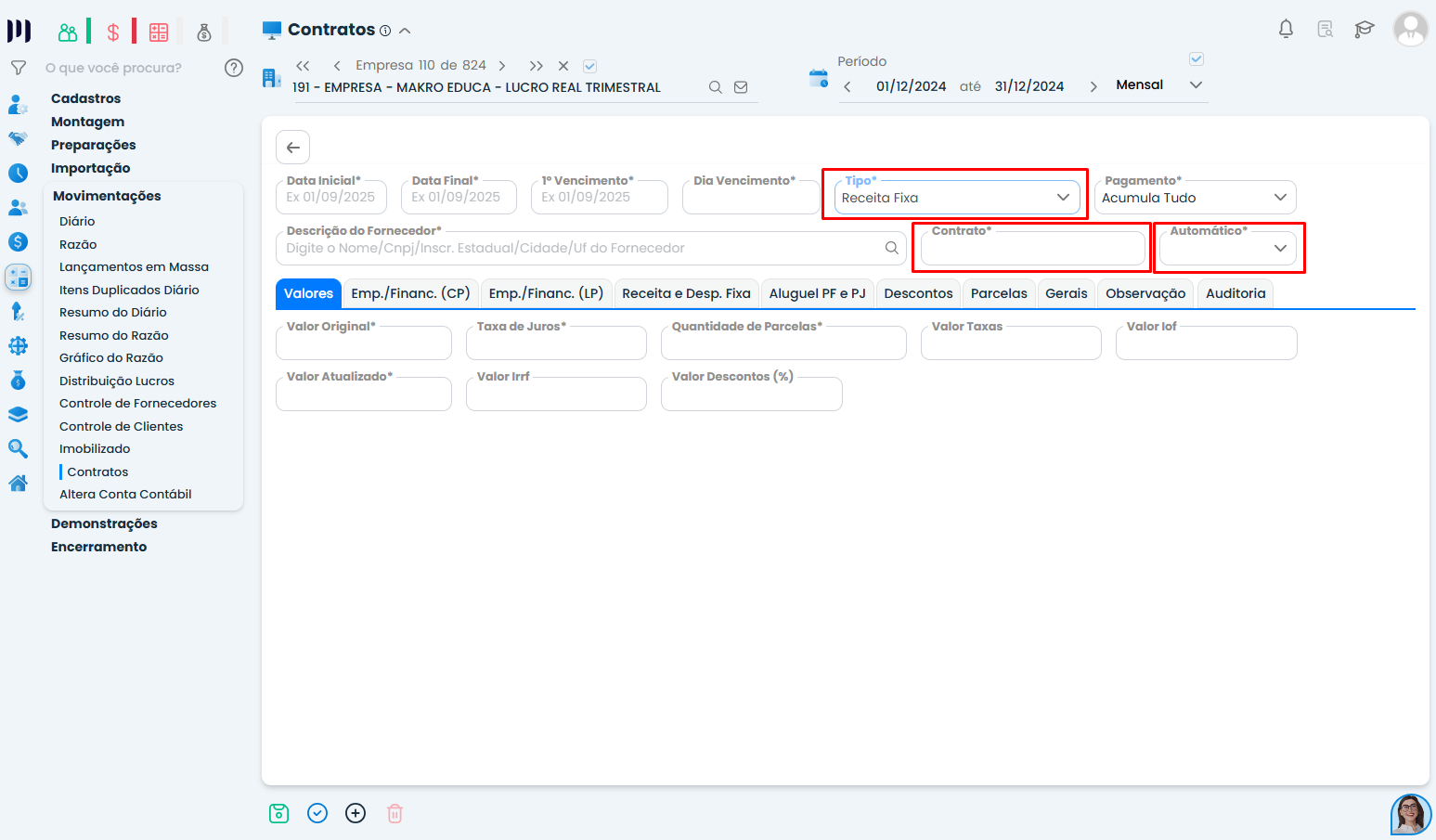 Tela do Sistema Contábil Makro com campos de tipo, contrato e automação para Lançamento de Contratos de receita fixa.