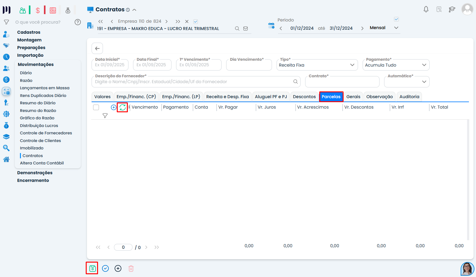 Tela de parcelas do Sistema Contábil Makro com botão gerar parcelas para Lançamento de Contratos de receita fixa.