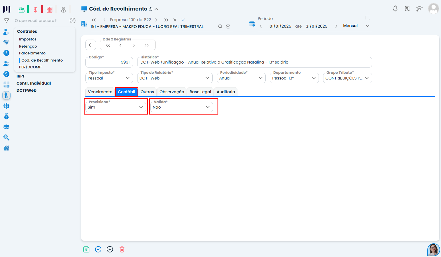 Configuração contábil de Parcelamentos no Sistema Contábil Makro mostrando validação e provisionamento do recolhimento.