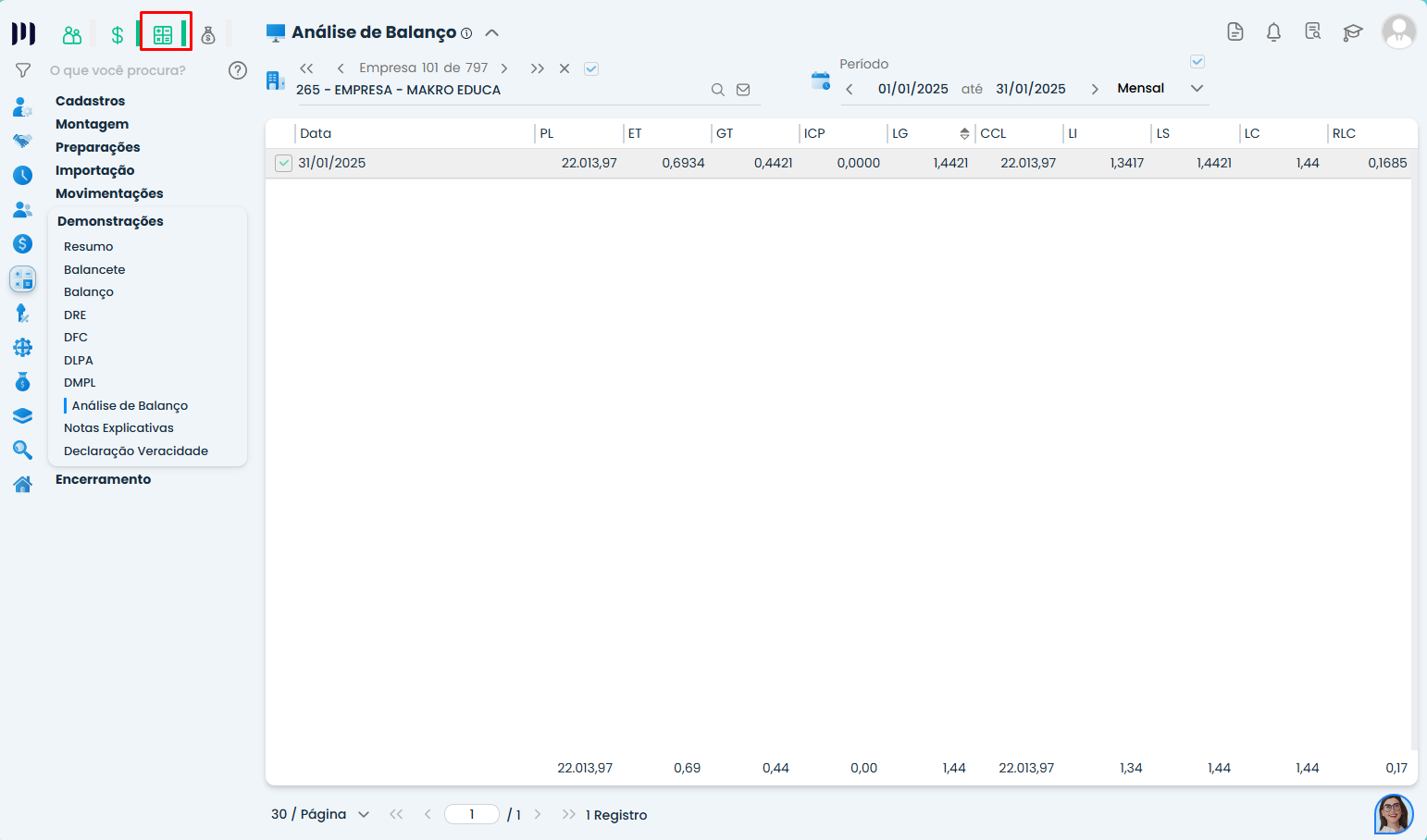 Interface do Sistema Contábil Makro mostrando Análise de Balanço com dados financeiros e ícone do módulo contábil destacado na tela.