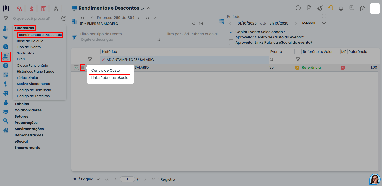 Acesso ao menu Links Rubricas eSocial no Sistema Contábil Makro para validar a parametrização do evento de adiantamento do 13º salário.