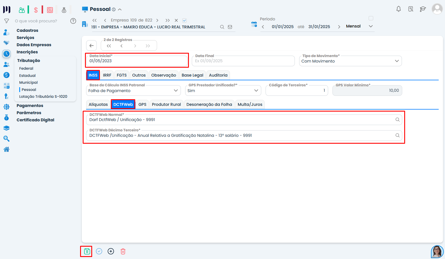 Cadastro DCTFWeb no Sistema Contábil Makro mostrando código 9991 para Cálculo da DCTFWeb e unificação de recolhimentos.