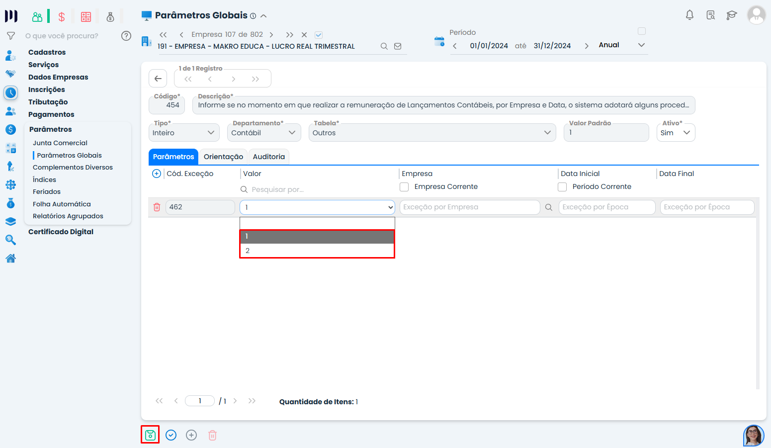 Configuração no Sistema Contábil Makro com opções 1 e 2 para renumerar Lançamentos Contábeis conforme o exercício fiscal.