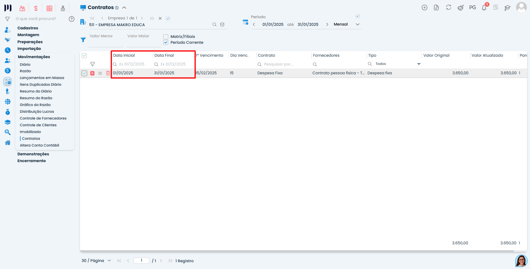 Tela de contratos do Sistema Contábil Makro destacando datas inicial e final para Despesa Fixa para o período seguinte.