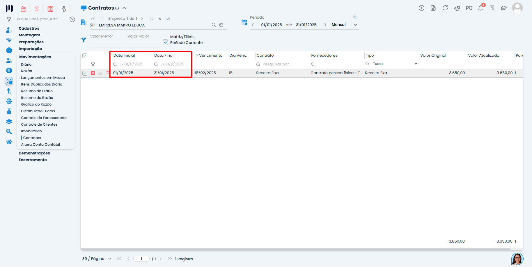 Contrato de Receita Fixa no Sistema Contábil Makro com datas inicial e final configuradas corretamente para replicação mensal.