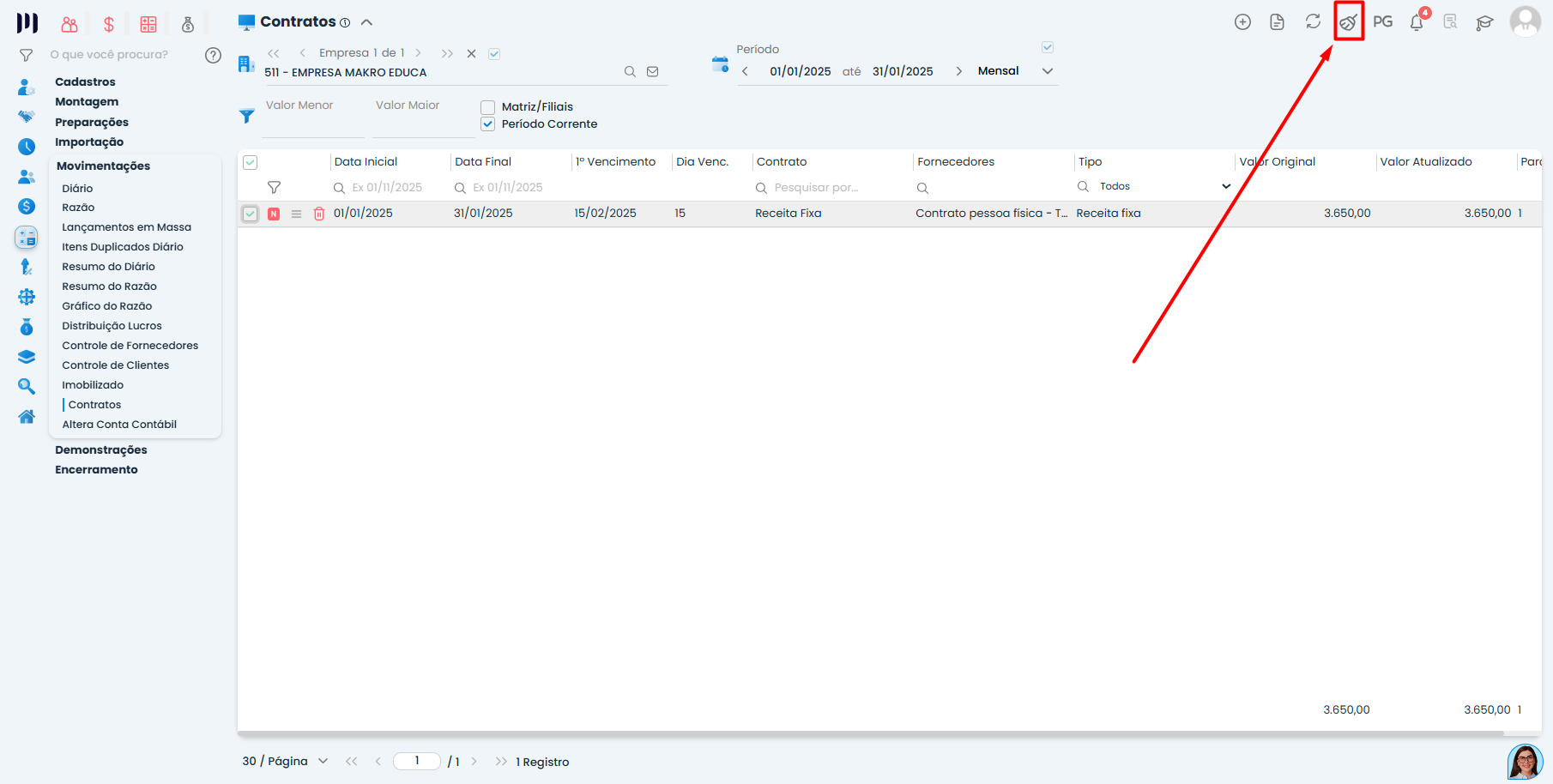 Tela de Contrato de Receita Fixa no Sistema Contábil Makro destacando botão de replicação para gerar novo contrato mensal.