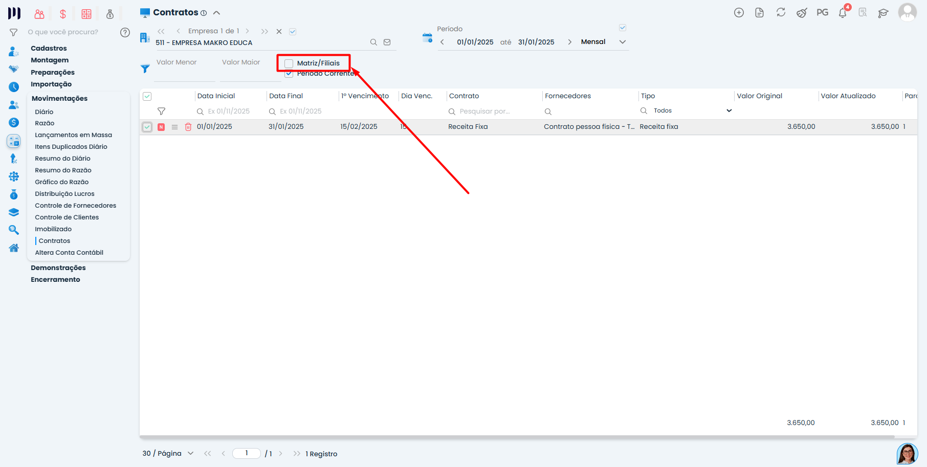 Contrato de Receita Fixa no Sistema Contábil Makro com opção matriz e filiais desmarcada antes da replicação do período.