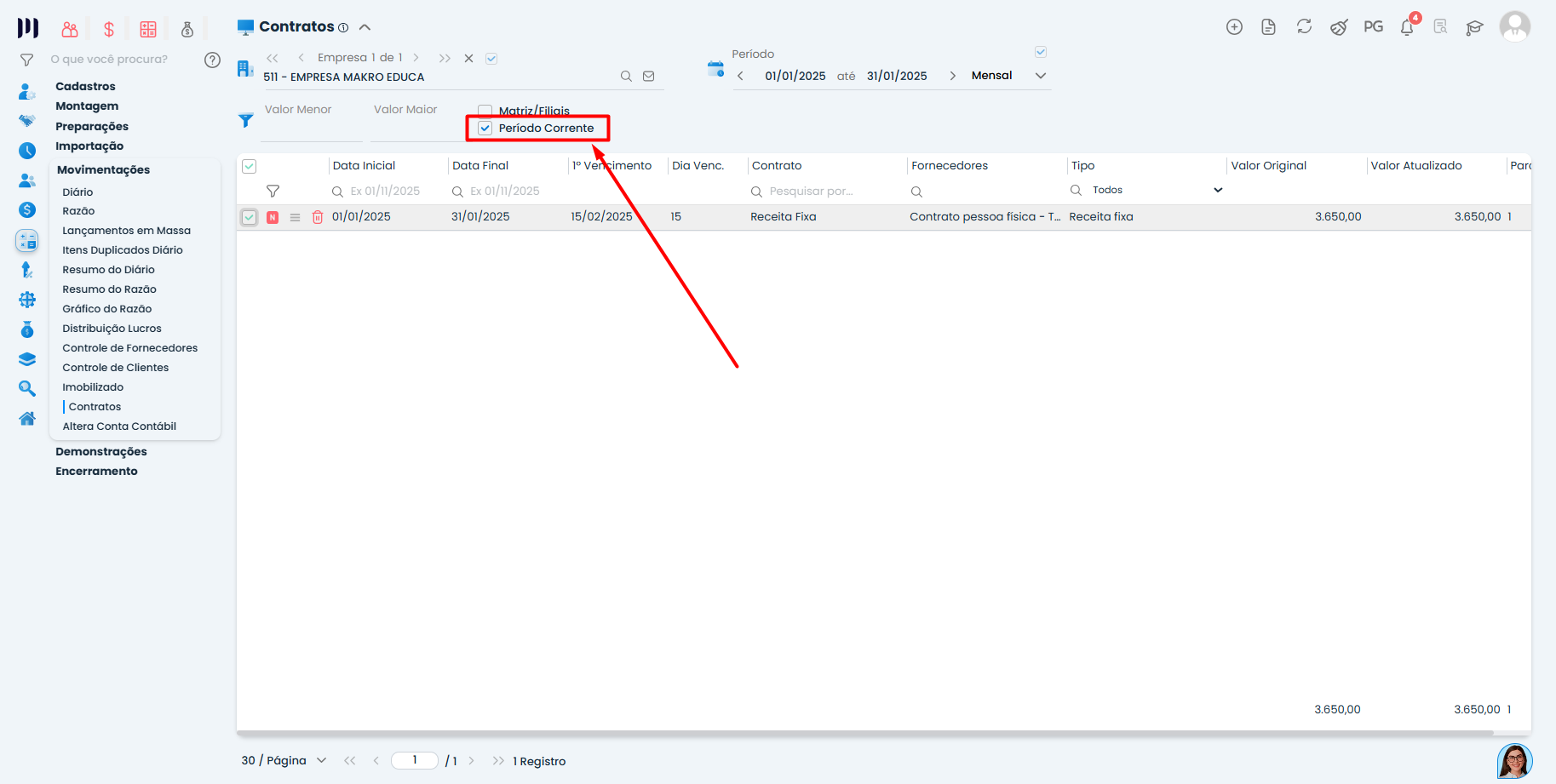 Contrato de Receita Fixa no Sistema Contábil Makro com opção período corrente marcada para localizar contratos ativos.