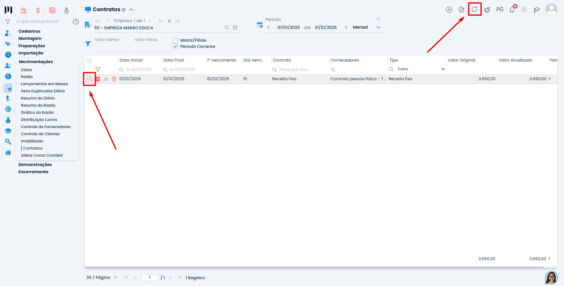 Contrato de Receita Fixa no Sistema Contábil Makro com seleção do registro e botão de replicação destacados na tela.