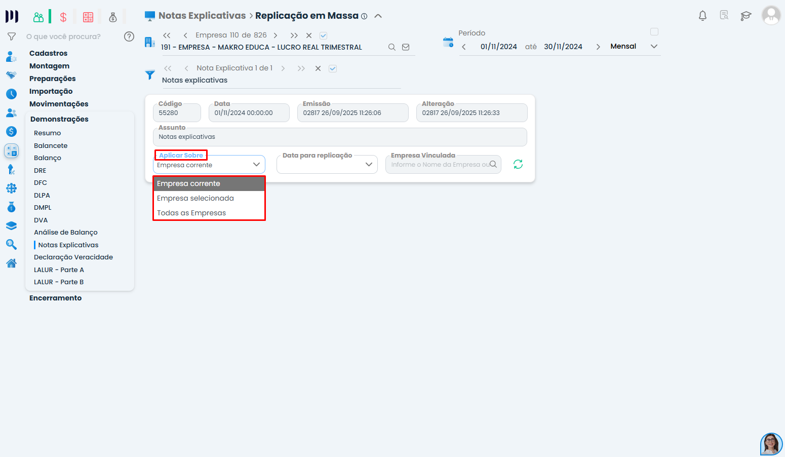 Configuração de replicar em massa notas explicativas no Sistema Contábil Makro com opções de empresas disponíveis.