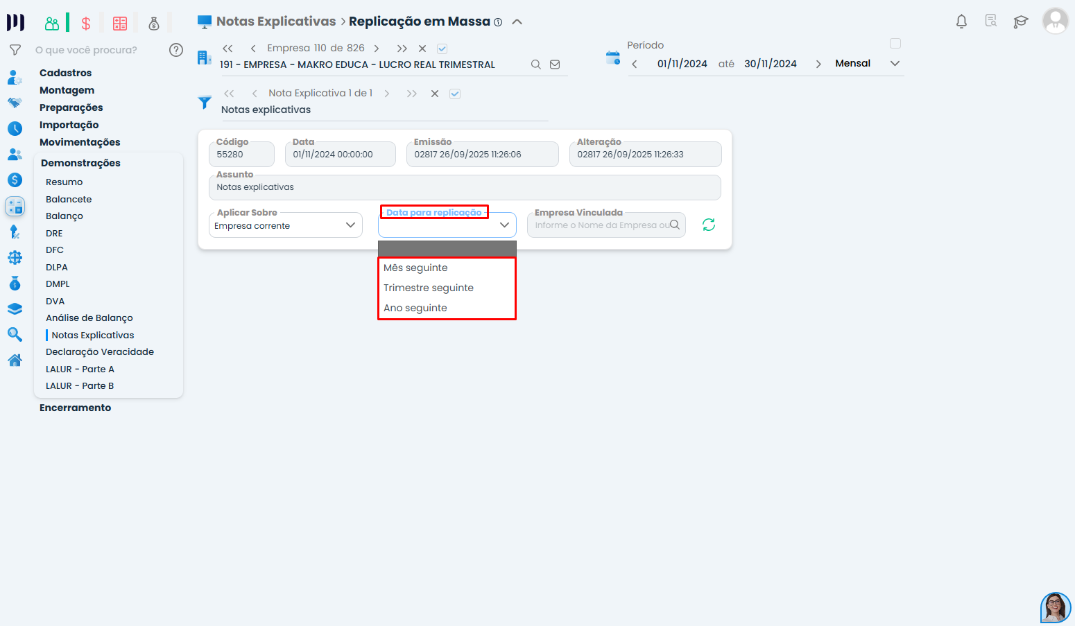 Sistema Contábil Makro exibindo opções de período para replicar em massa notas explicativas entre competências.