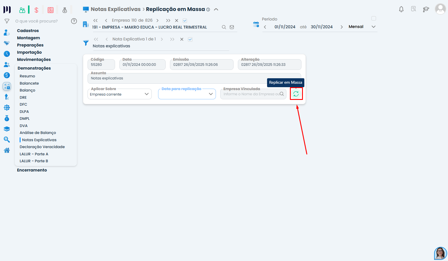 Tela do Sistema Contábil Makro apresentando confirmação para replicar em massa notas explicativas no sistema.