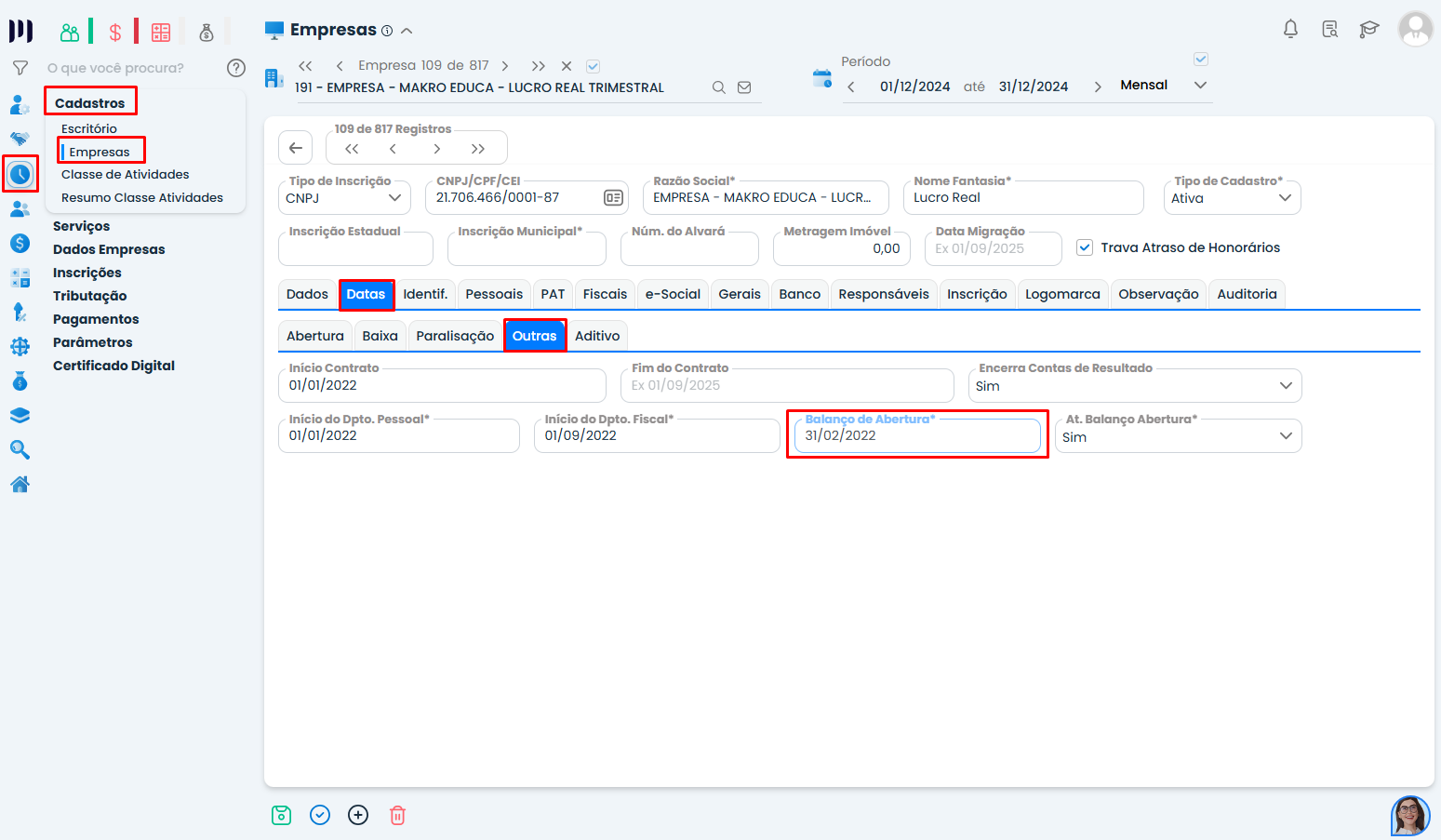 Configuração da Data de Balanço de Abertura no Sistema Contábil Makro para validar Termo de abertura e bloco I na ECD.