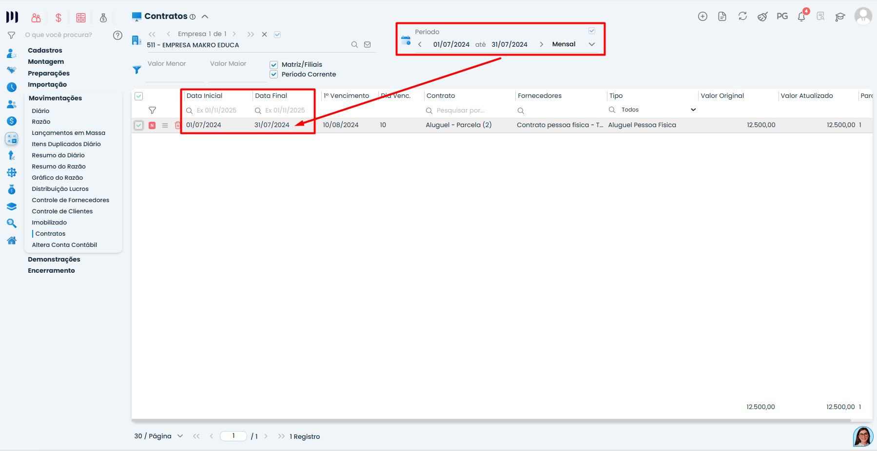 Painel do Sistema Contábil Makro mostrando datas inicial e final em contratos de aluguel - Parte 1 para validação da replicação mensal.