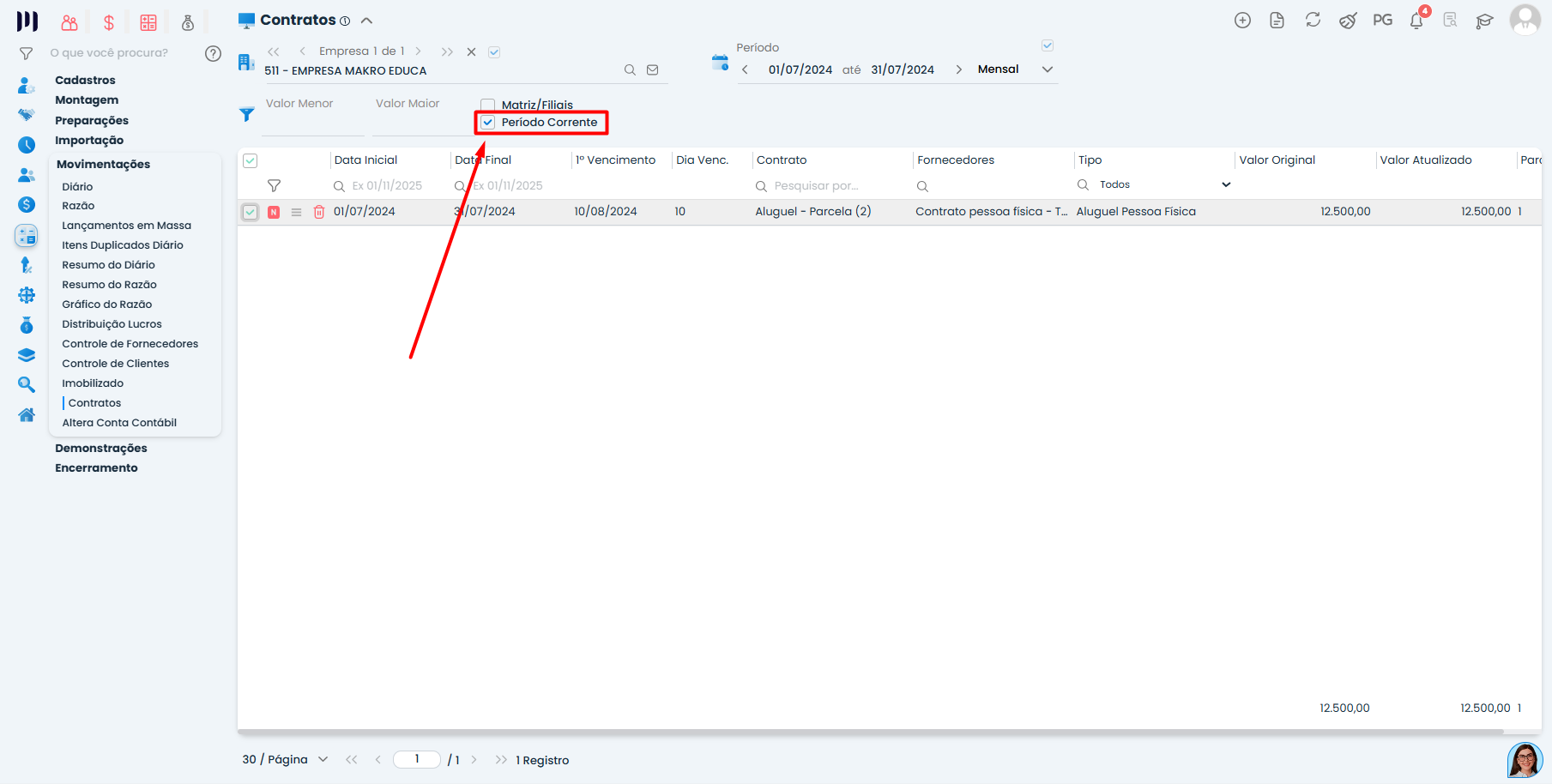 Tela do Sistema Contábil Makro destacando o filtro Período Corrente ativo para replicação em Contratos de aluguel - Parte 2.